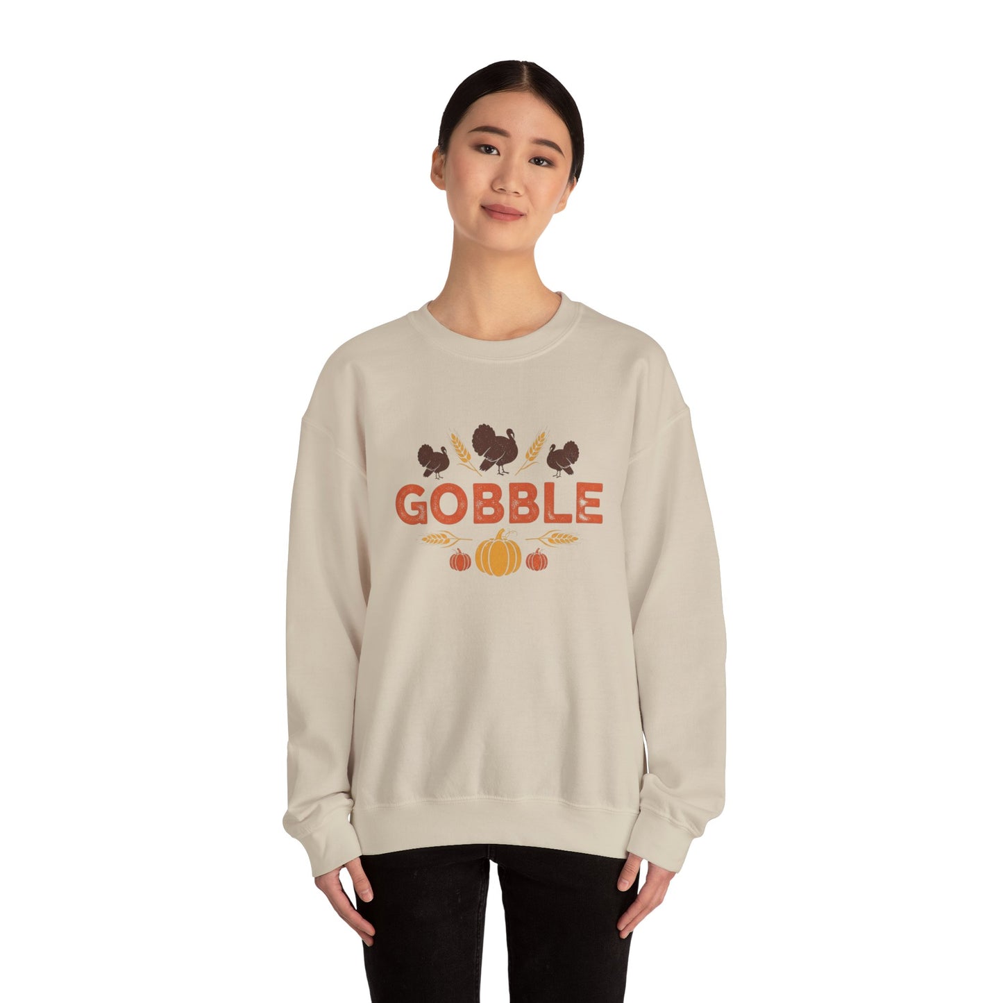 Gobble Turkey Sweatshirt, Thanksgiving Pumpkin Crewneck, Autumn Wheat & Turkey Graphic Pullover, Cozy Fall Family Turkey Day Shirt