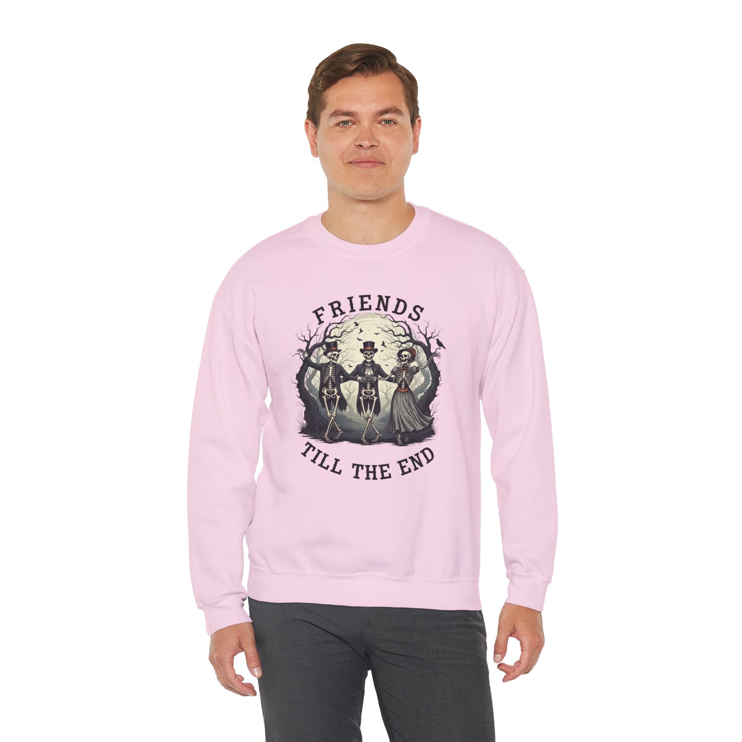 Friends Till The End Skeleton Sweatshirt | Dancing Skeletons Halloween Crewneck | Spooky Fall Graphic Pullover Gift for Bestie