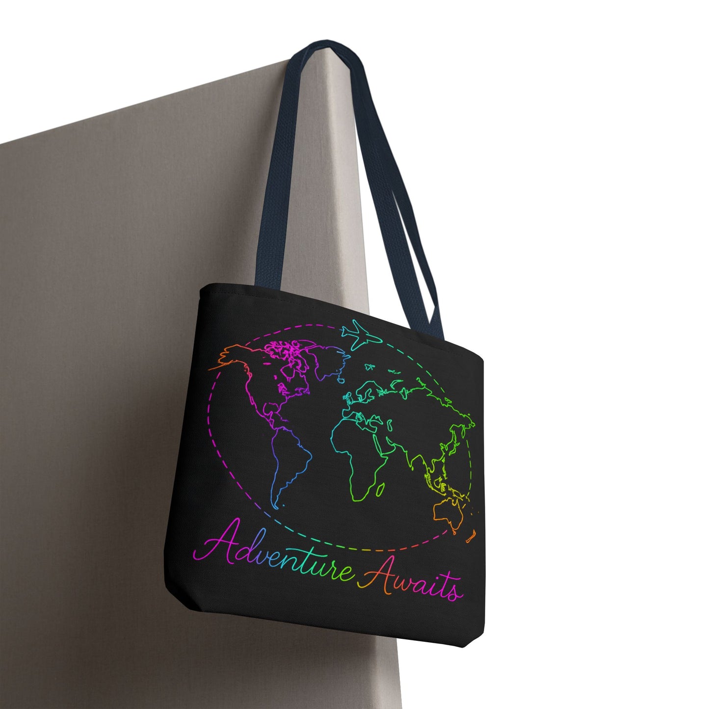 Adventure Awaits Neon Tote Bag - Y2K Rainbow World Map and Plane Travel Tote, Reusable Canvas Tote for Airport, Beach, Market + Gift