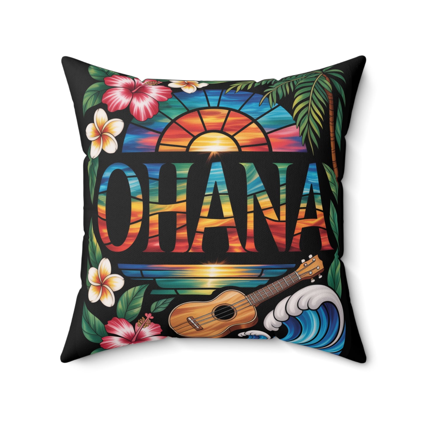 Ohana Throw Pillow – Hawaiian Sunset Cushion with Ukulele & Tropical Flowers, Aloha Decor, Beach House Accent, Family Gift, Island Living