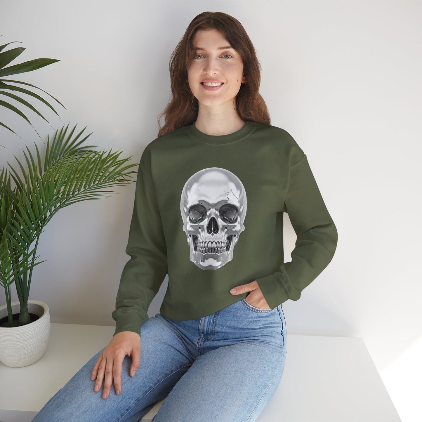 Silver Skull Sweatshirt, Gothic Skull Crewneck, Retro Skull Sweatshirt, Vintage Skull Graphic, Halloween Rock Pullover