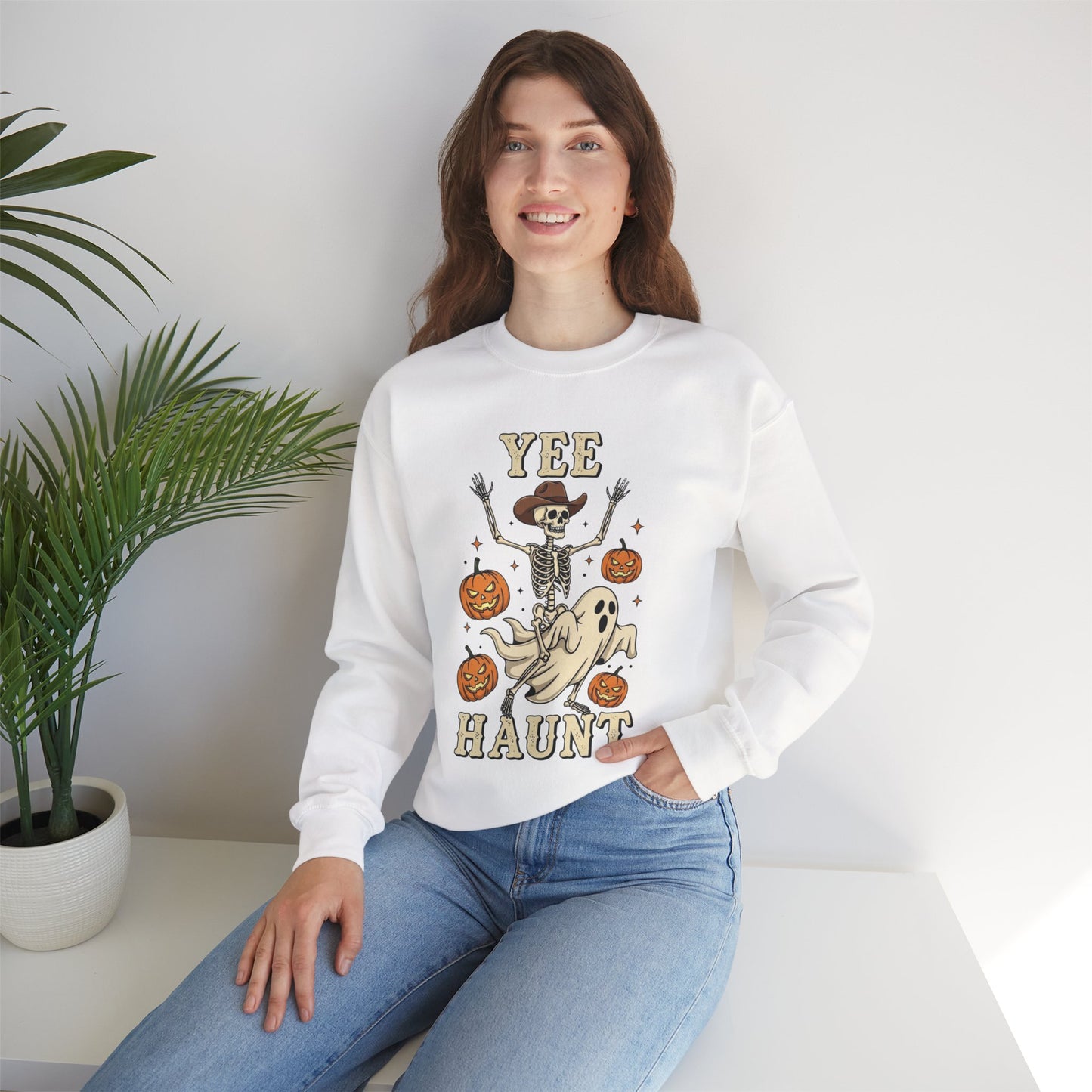 Yee Haunt Sweatshirt, Skeleton Ghost Pullover, Funny Halloween Crewneck, Spooky Pumpkin Ghost Tee, Haunting Night Graphic Sweatshirt