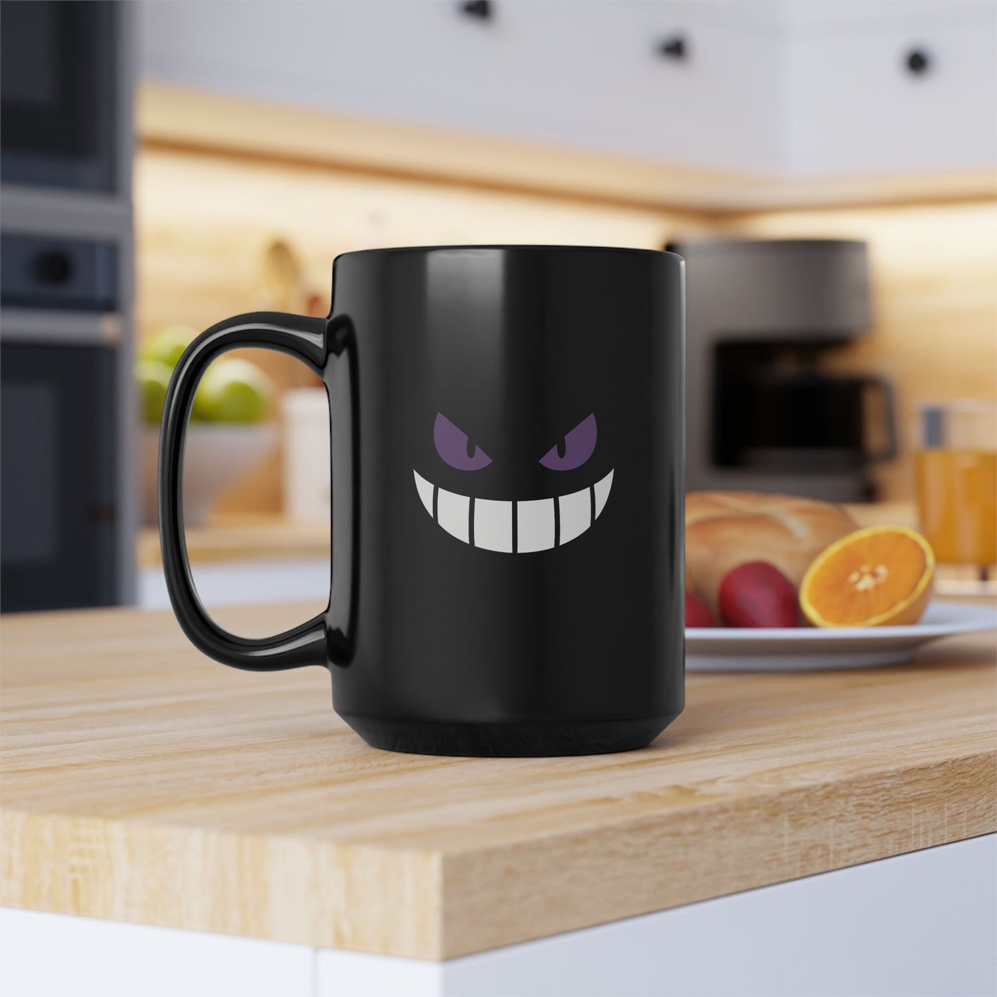 Mischievous Purple Eyes Mug - Black Coffee Cup with Spooky Grin - Cute Yet Creepy Gift for Gamers, Anime Fans, and Coffee Lovers
