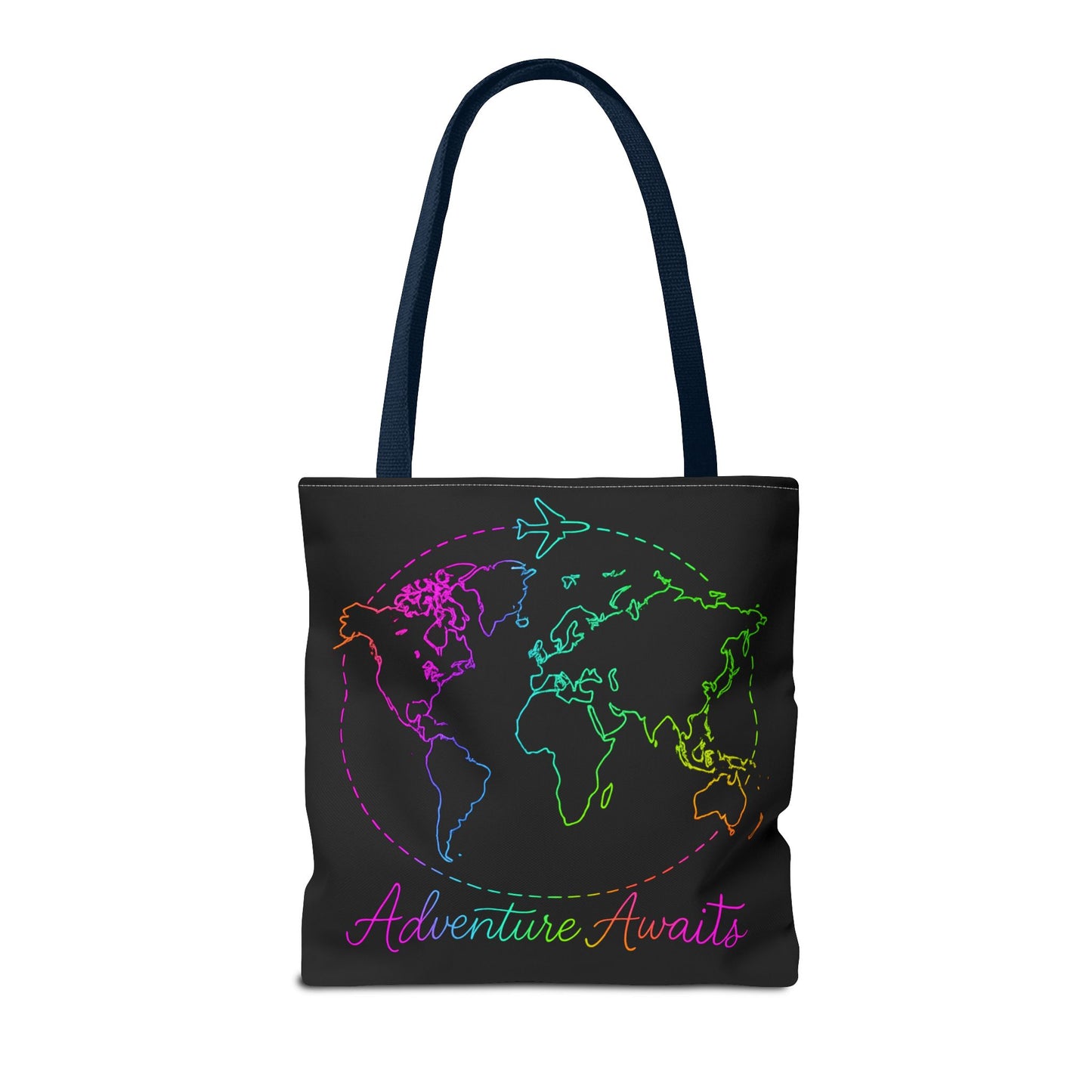 Adventure Awaits Neon Tote Bag - Y2K Rainbow World Map and Plane Travel Tote, Reusable Canvas Tote for Airport, Beach, Market + Gift