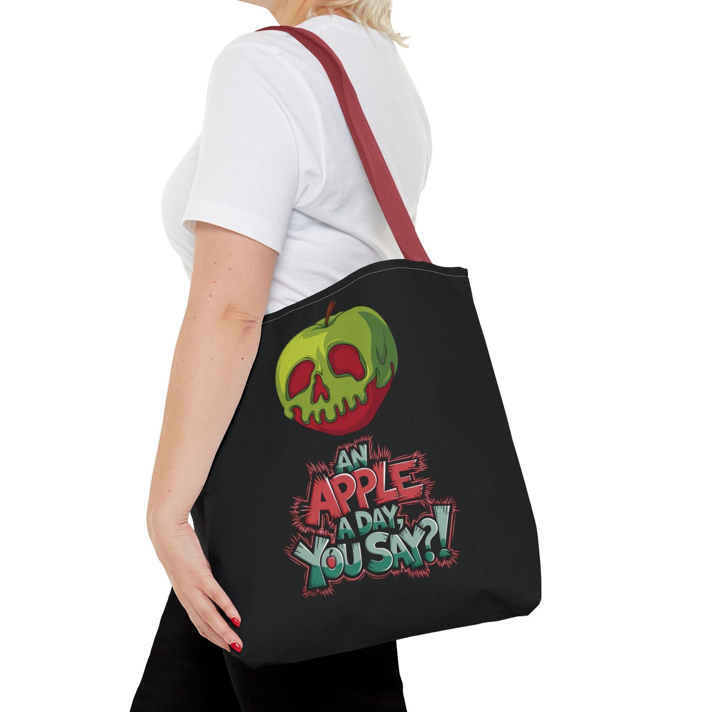 Spooky Halloween Tote Bag – Poison Apple Design – Funny Gothic Tote – Trick or Treat Bag – Creepy Apple Pun Gift – Black Tote Bag