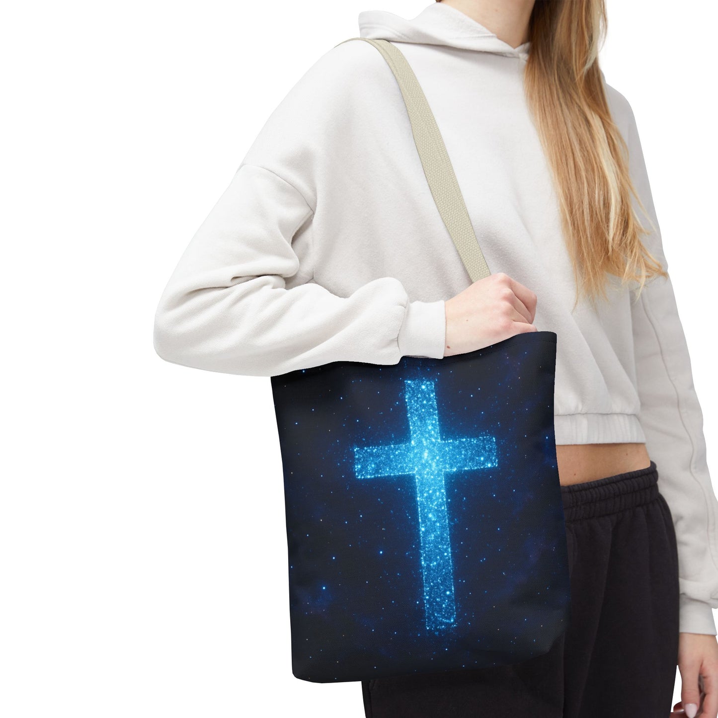 Sparkling Cross Tote Bag - Inspirational Blue Cosmic Bag Christian Tote Spiritual Bag Inspirational Tote Bag