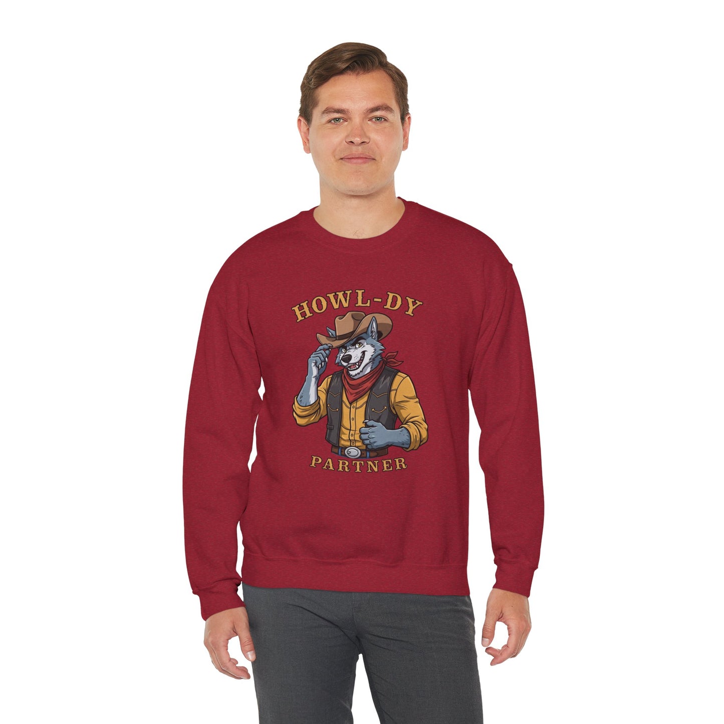 Howl-dy Partner Wolf Sweatshirt, Cowboy Werewolf Halloween Crewneck, Western Spooky Graphic Pullover for Animal Lover Gift Sweatshirt