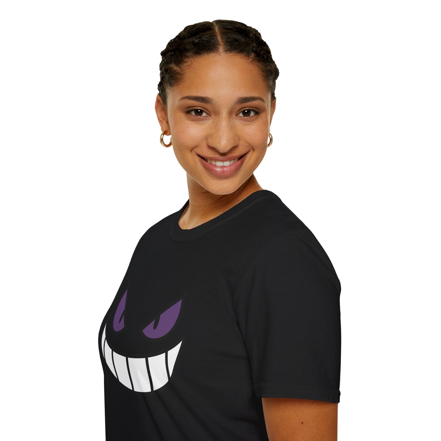Mischievous Shadow Face Tee - Purple Eyes and Big Grin Graphic Shirt | Spooky Cute Gift, Retro Gaming Vibe, Funny Halloween Unisex Top