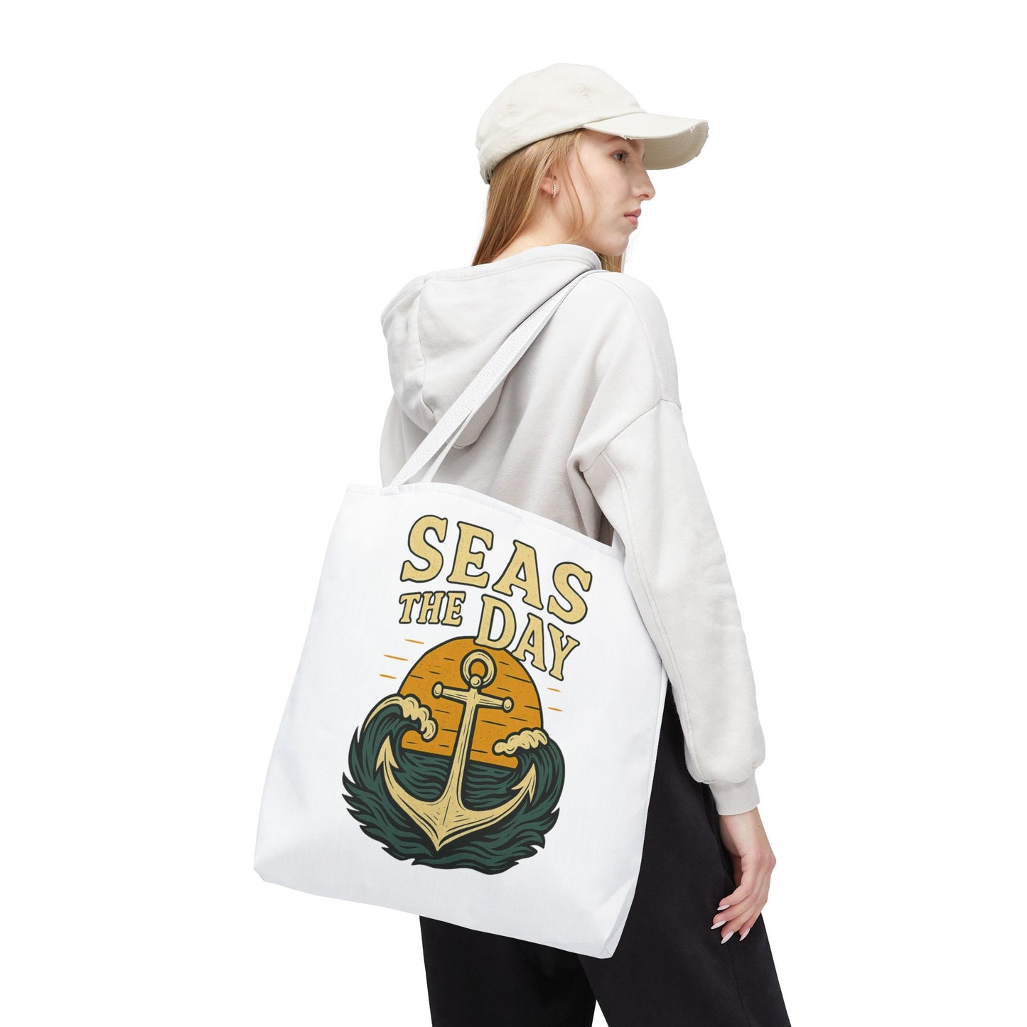 "Seas the Day" Nautical Tote Bag – Funny Beach Quote Canvas Bag with Anchor | Coastal Gift Idea for Summer, Travel, or Daily Use