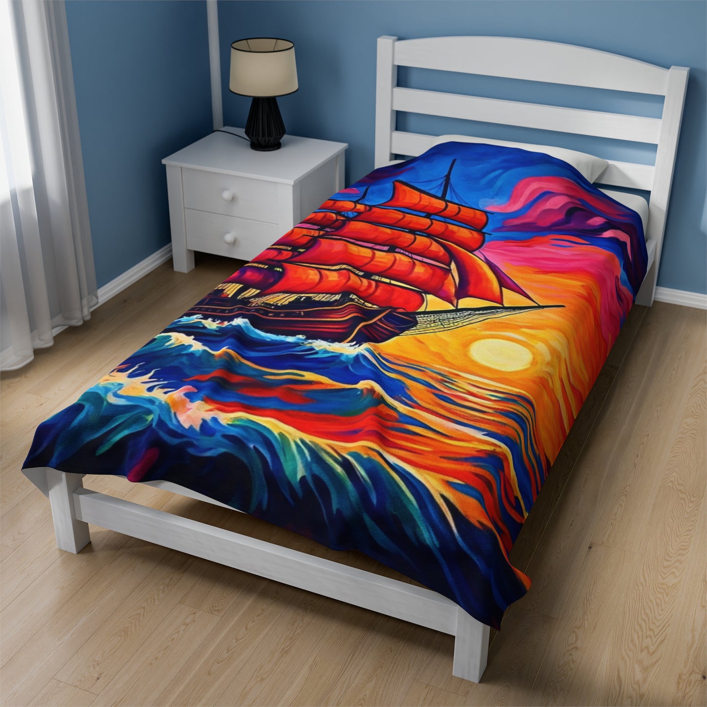 Plush Blanket - Sunset Ship Painting Design