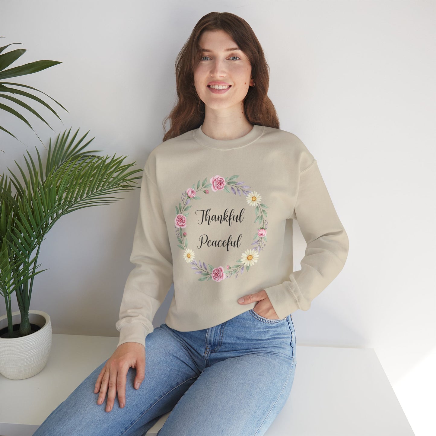 Thankful Peaceful Sweatshirt, Floral Wreath Crewneck, Inspirational Quote Sweater, Positive Message Pullover, Uplifting Gift For Women