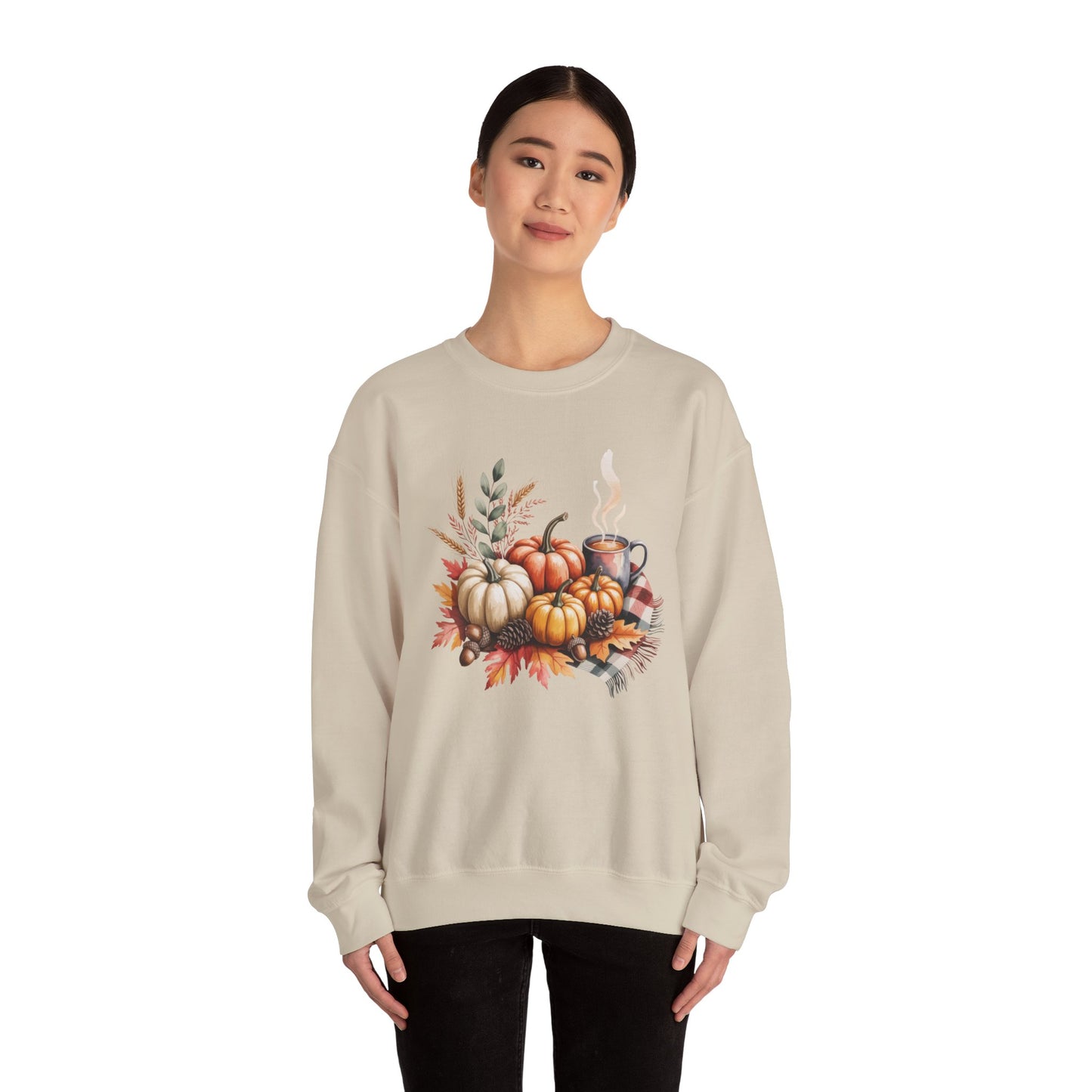 Fall Pumpkin Sweatshirt, Cozy Autumn Crewneck, Thanksgiving Sweater With Pumpkins And Coffee, Fall Leaves Pullover, Seasonal Gift