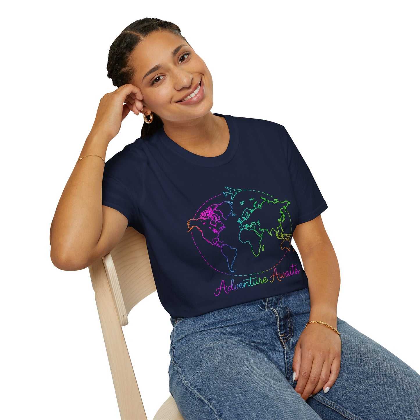 Adventure Awaits Neon Y2K Shirt - Retro Travel Tee, Rainbow Globe Graphic, Aesthetic Vacation Top, Y2K Gift for Travelers