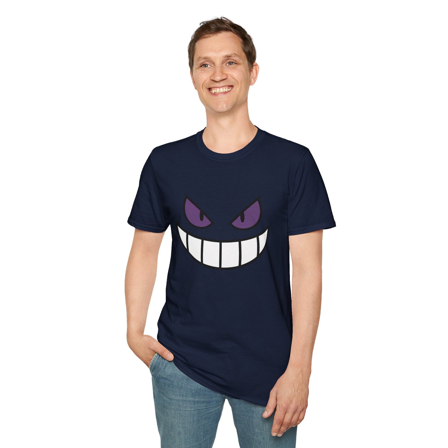Mischievous Shadow Face Tee - Purple Eyes and Big Grin Graphic Shirt | Spooky Cute Gift, Retro Gaming Vibe, Funny Halloween Unisex Top