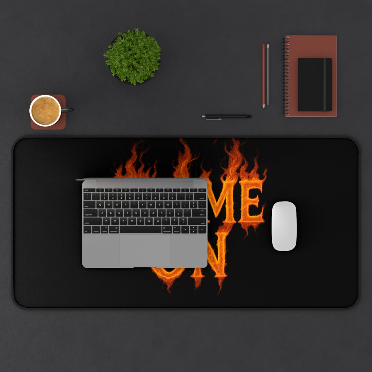 Flame On Desk Mat - Fire Typography Gaming Mouse Pad for Comic Fans, Hot Setup Gift, Nerdy Office Decor, Fiery Custom Desk Pad
