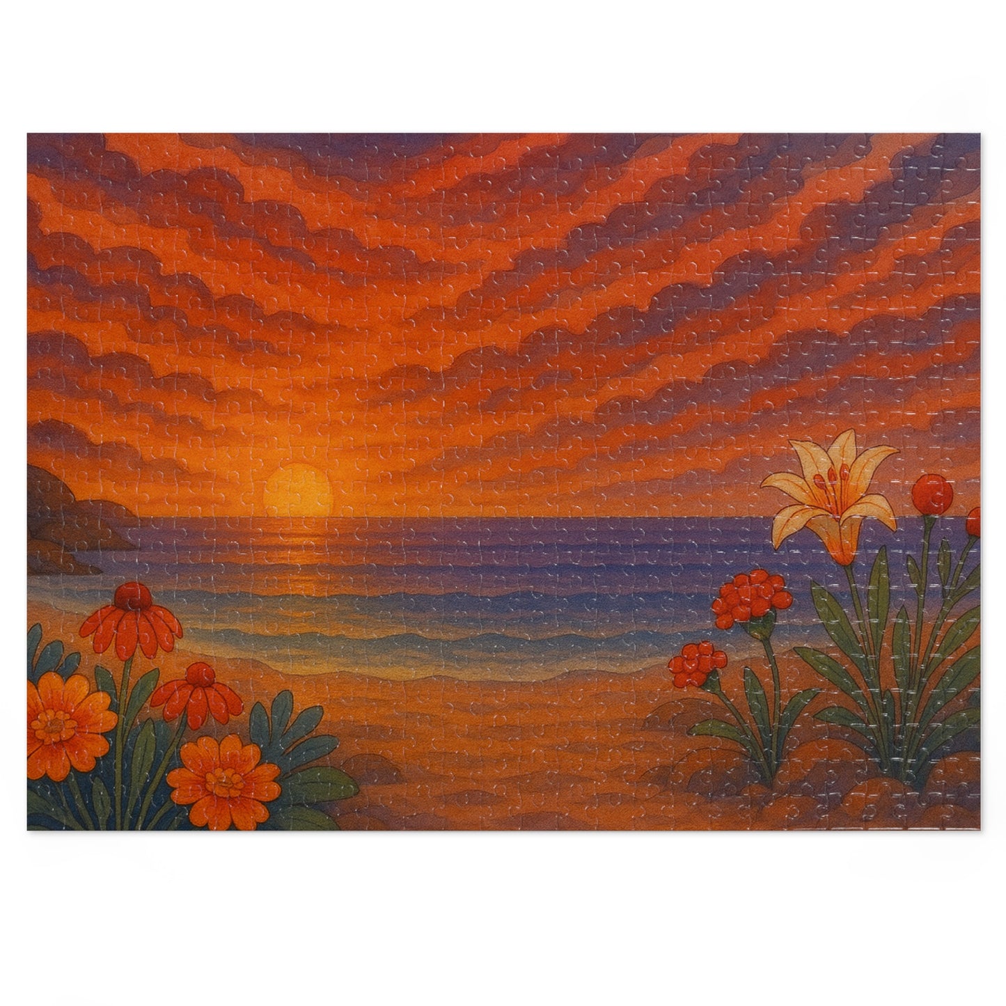 Jigsaw Puzzle: Floral Ocean Sunset Nautical Puzzle Seaside Game Family Fun Night