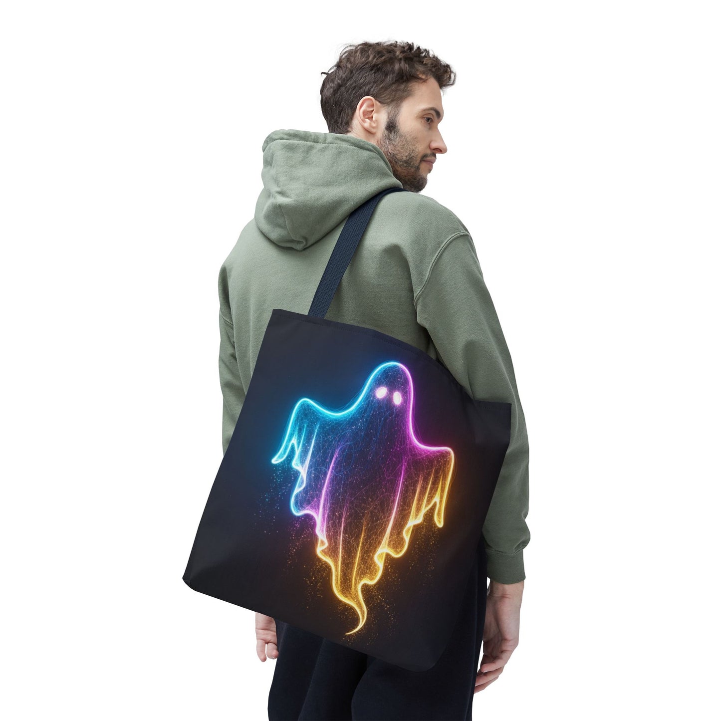 Neon Ghost Tote Bag - Bright Colorful Ghost Print Shoulder Tote, Spooky Cute Reusable Canvas Bag, Halloween Aesthetic Everyday Carry