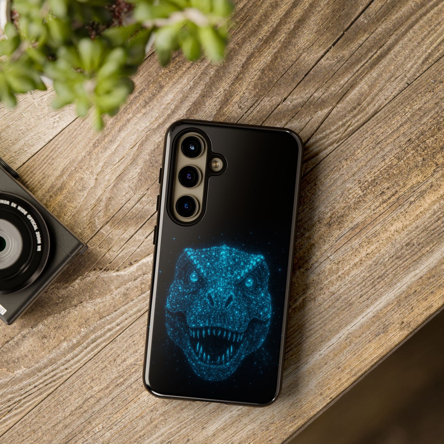 Bioluminescent T-Rex Samsung Case - Galaxy Tough Dual-Layer Cover, Cosmic Dino Particle Design, S25 S24 S23 Gift
