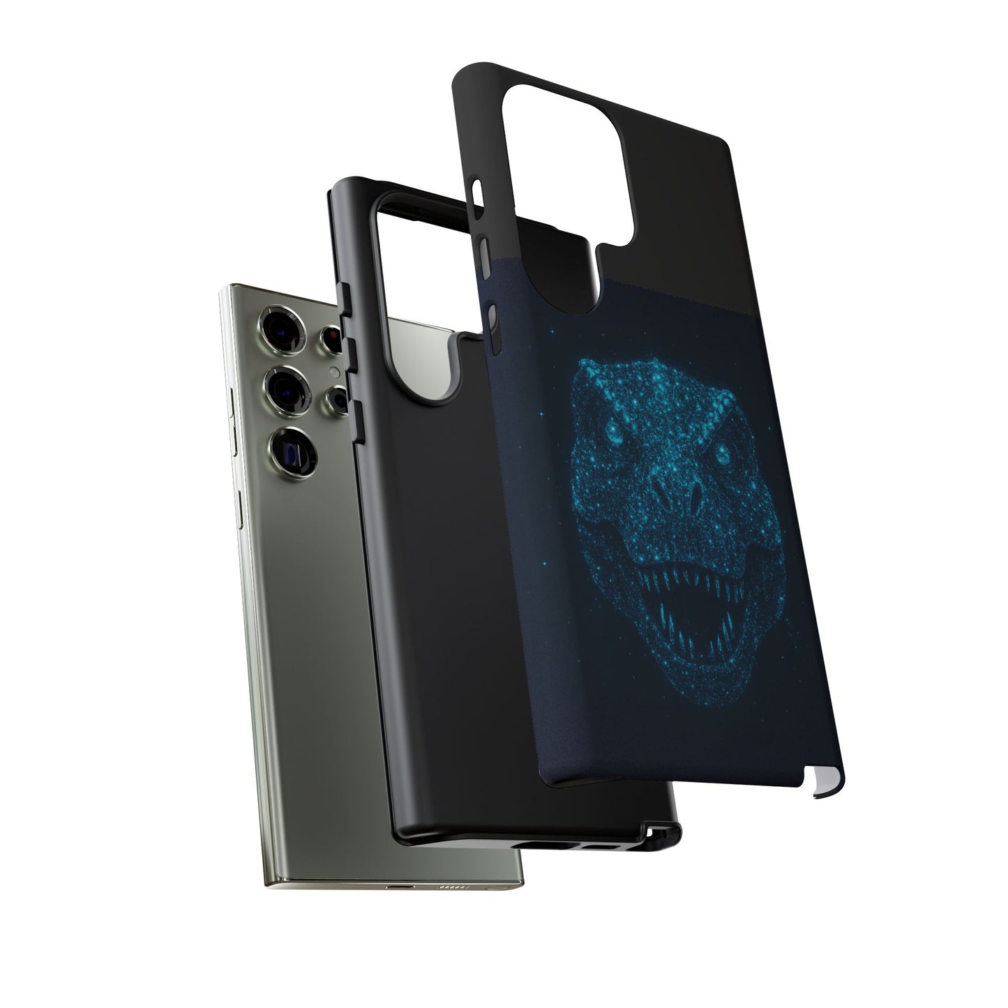 Bioluminescent T-Rex Samsung Case - Galaxy Tough Dual-Layer Cover, Cosmic Dino Particle Design, S25 S24 S23 Gift