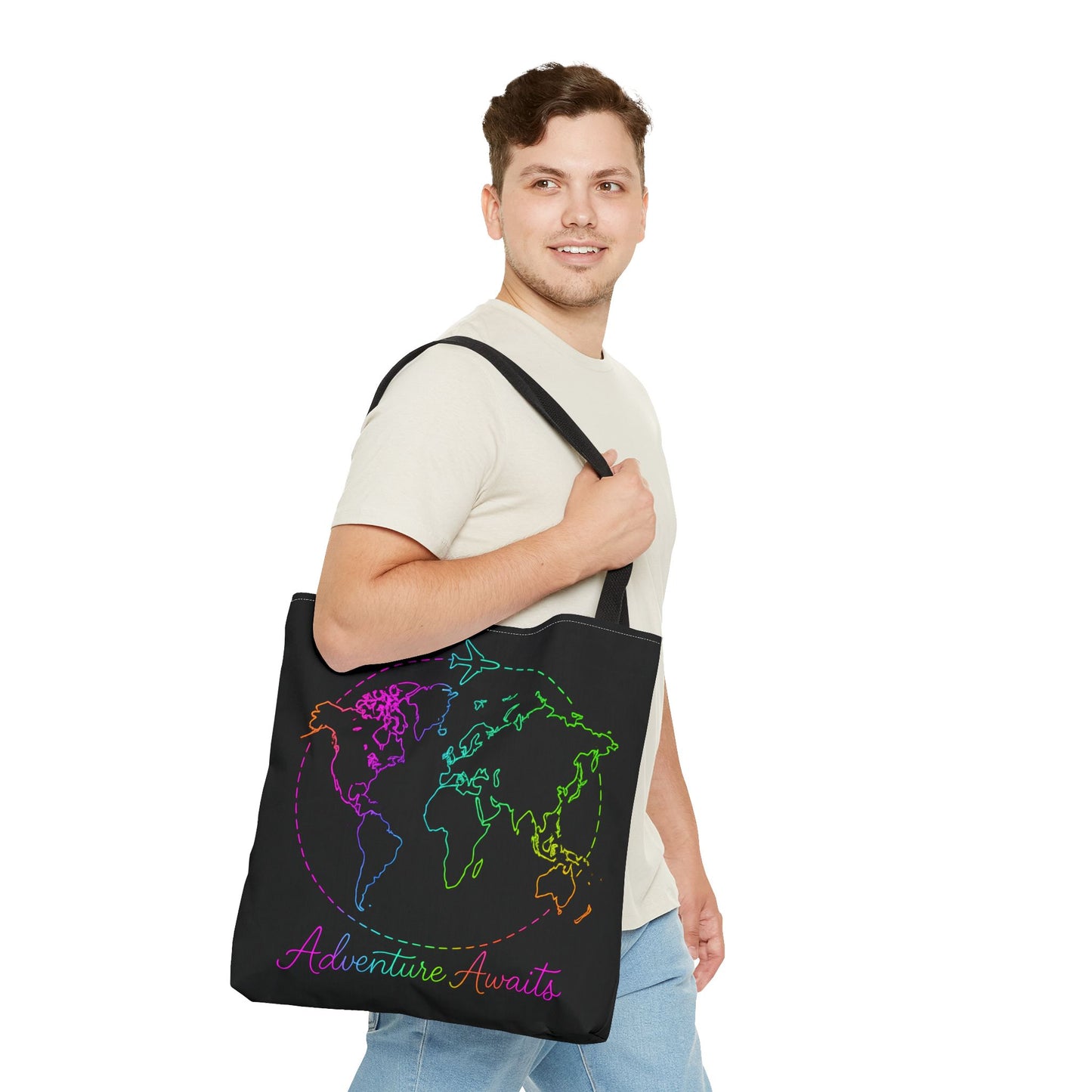Adventure Awaits Neon Tote Bag - Y2K Rainbow World Map and Plane Travel Tote, Reusable Canvas Tote for Airport, Beach, Market + Gift