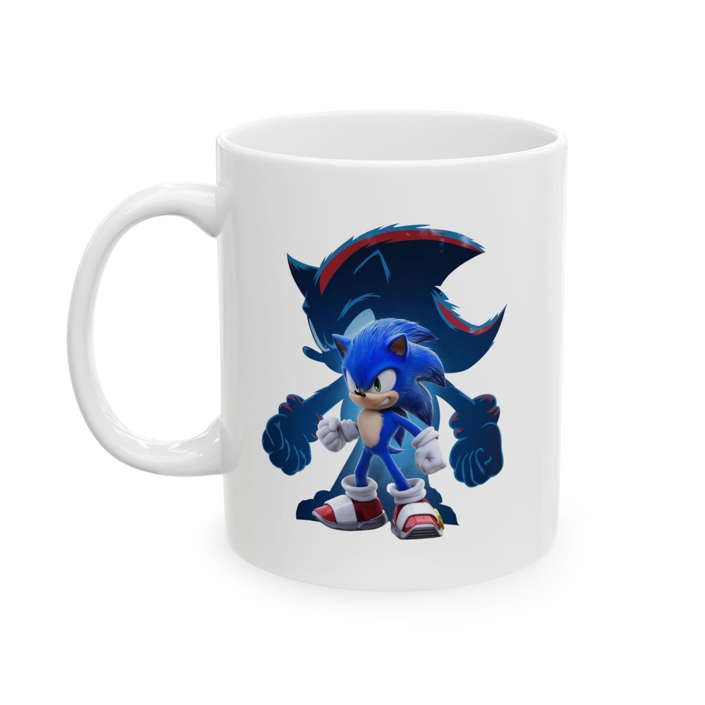 Blue Speed Hero Mug – Epic Gaming Hedgehog Coffee Cup with Dark Rival Silhouette – Video Game Inspired Gift for Fans & Collectors