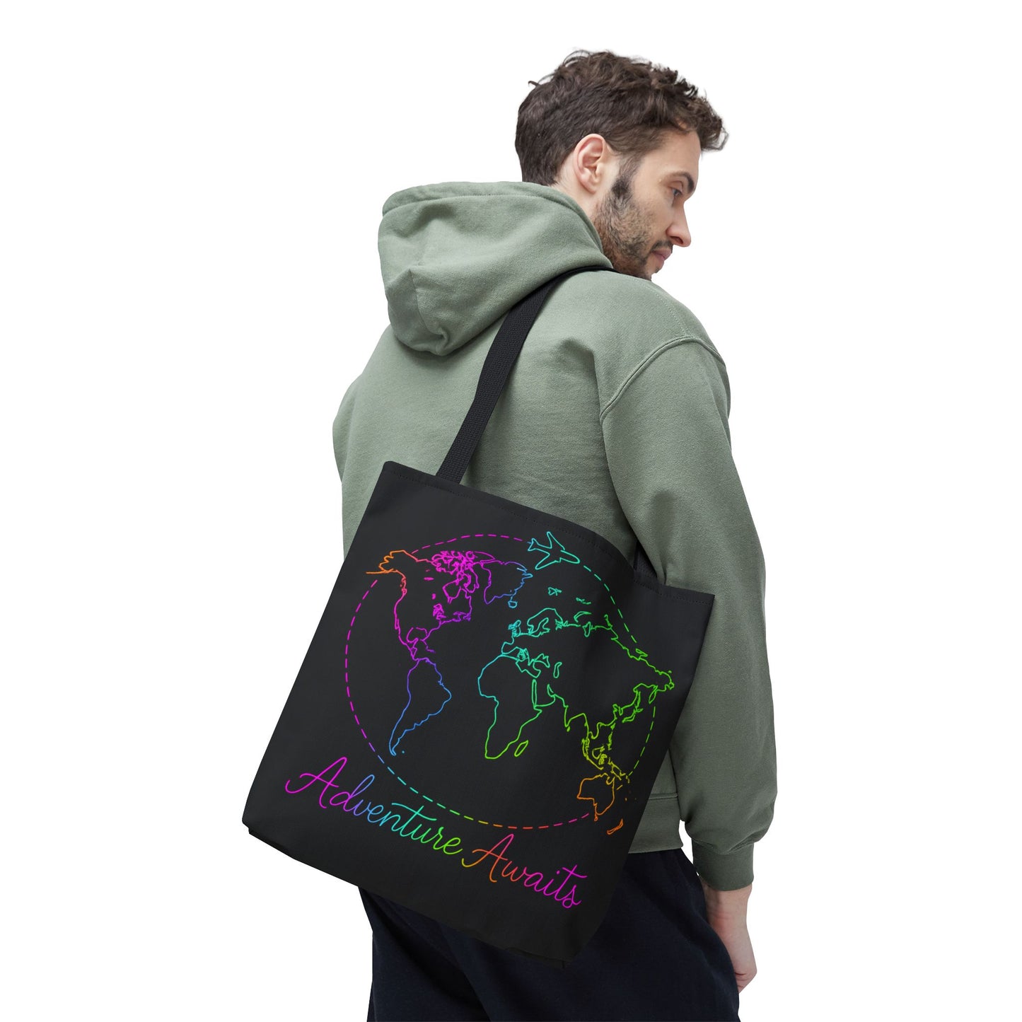 Adventure Awaits Neon Tote Bag - Y2K Rainbow World Map and Plane Travel Tote, Reusable Canvas Tote for Airport, Beach, Market + Gift