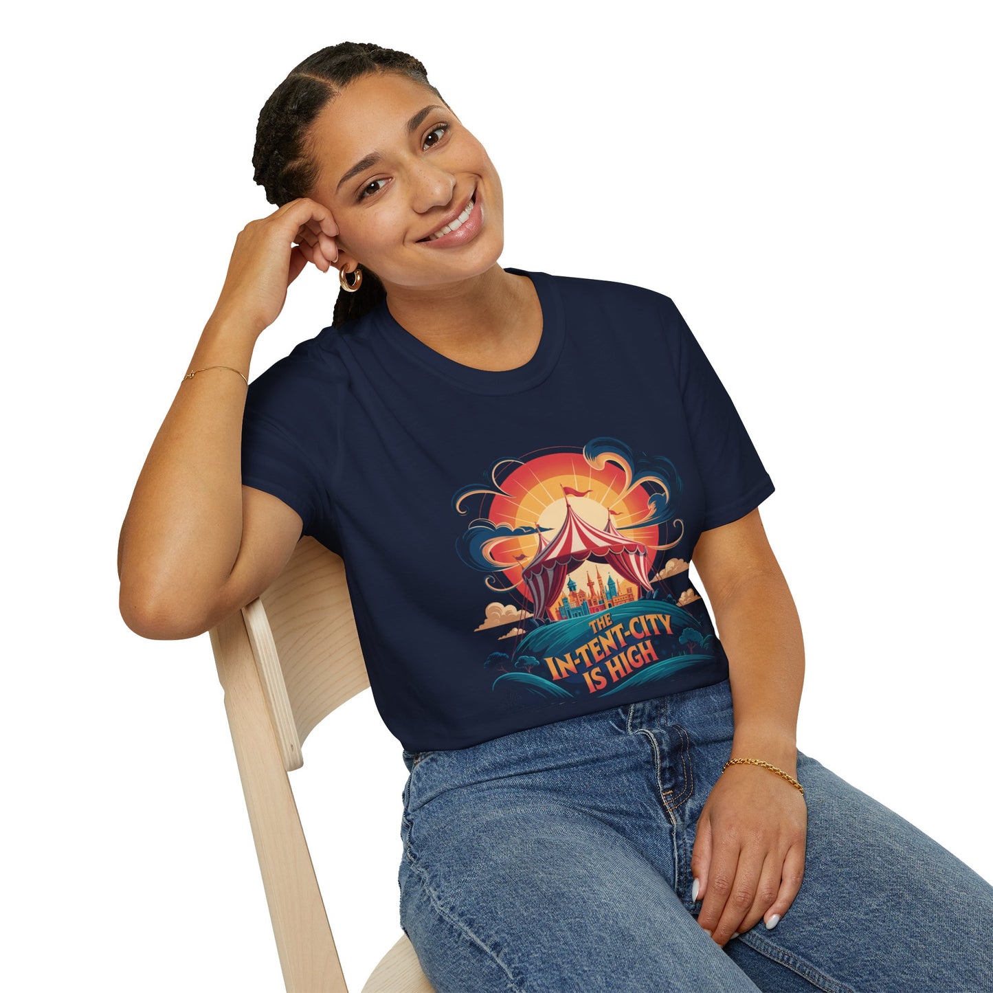 In-Tent-City Is High Retro Camp T-Shirt | Vintage Circus Tent + Cityscape Graphic | Funny Outdoors Urban Adventure Tee | Unisex Camper Shirt