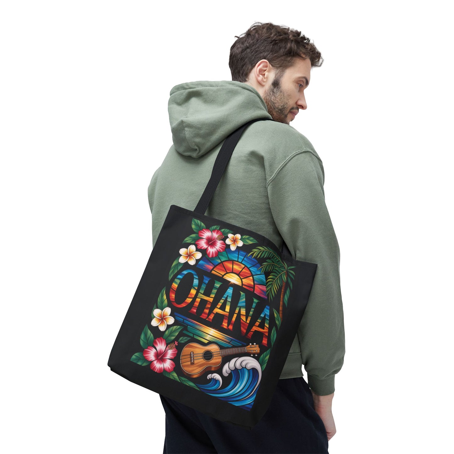 Ohana Tote Bag – Hawaiian Tropical Beach Bag with Ukulele, Sunset & Hibiscus Flowers, Island Gift for Women, Aloha Family Vibes