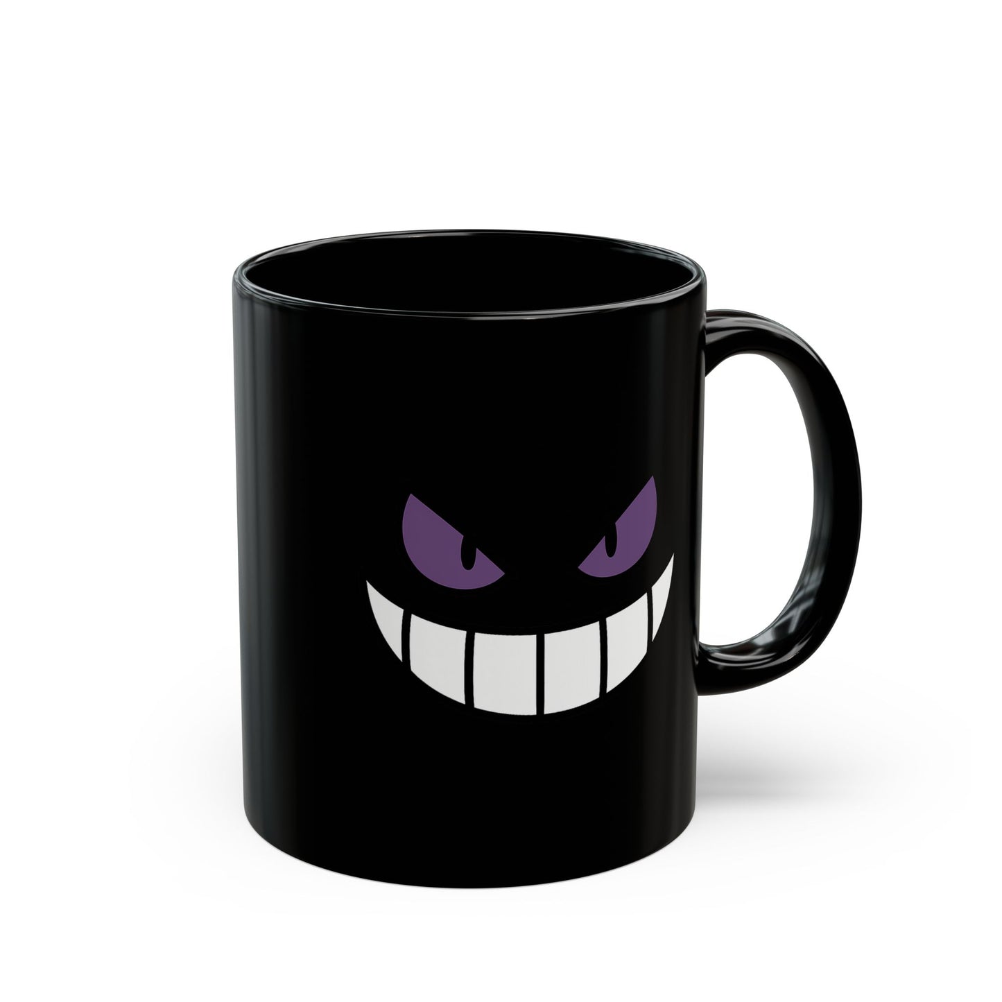 Mischievous Purple Eyes Mug - Black Coffee Cup with Spooky Grin - Cute Yet Creepy Gift for Gamers, Anime Fans, and Coffee Lovers