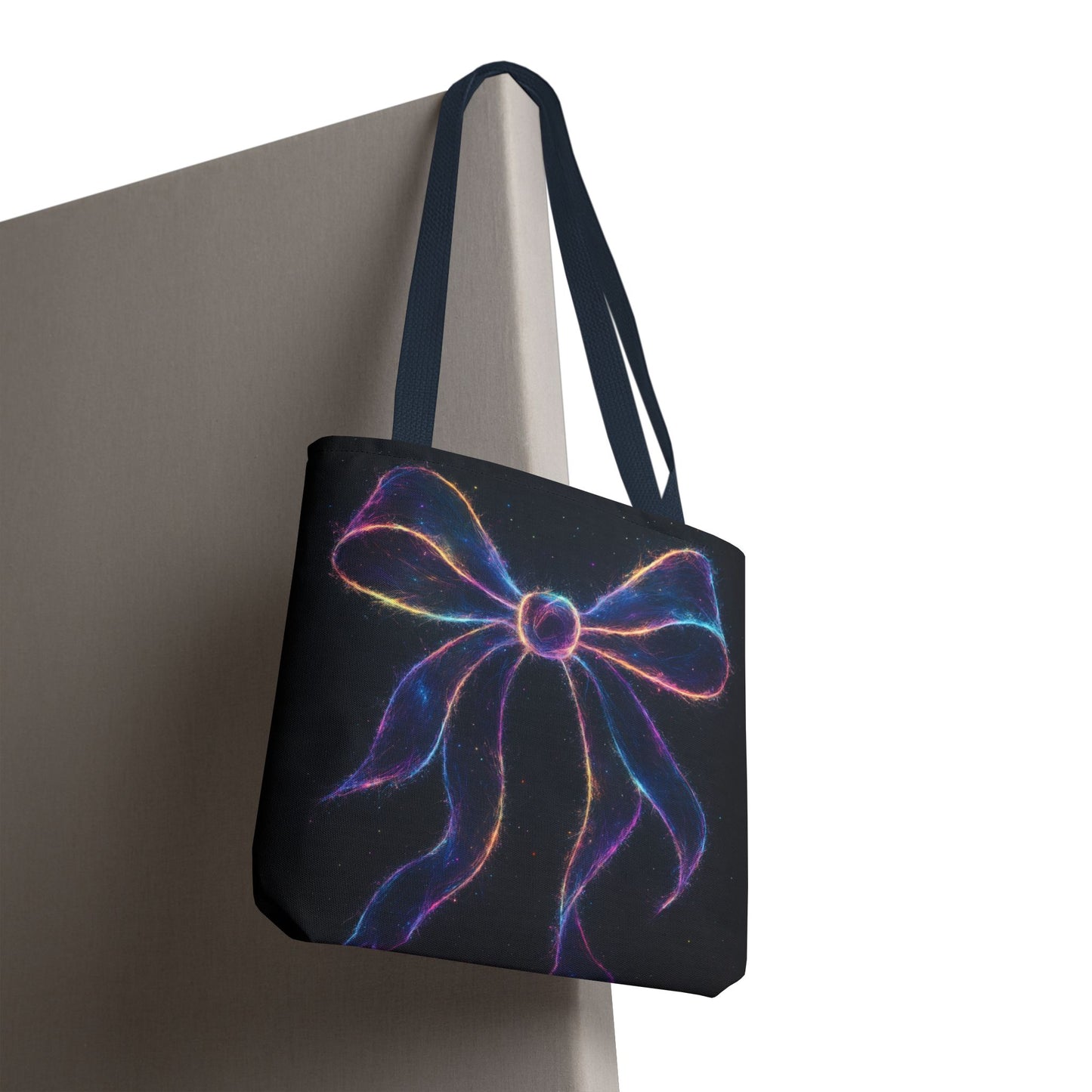 Galaxy Glow Bow Tote Bag, Cosmic Neon Ribbon Design, Black Space Art Bag, Celestial Gift For Her, Stylish Reusable Everyday Tote