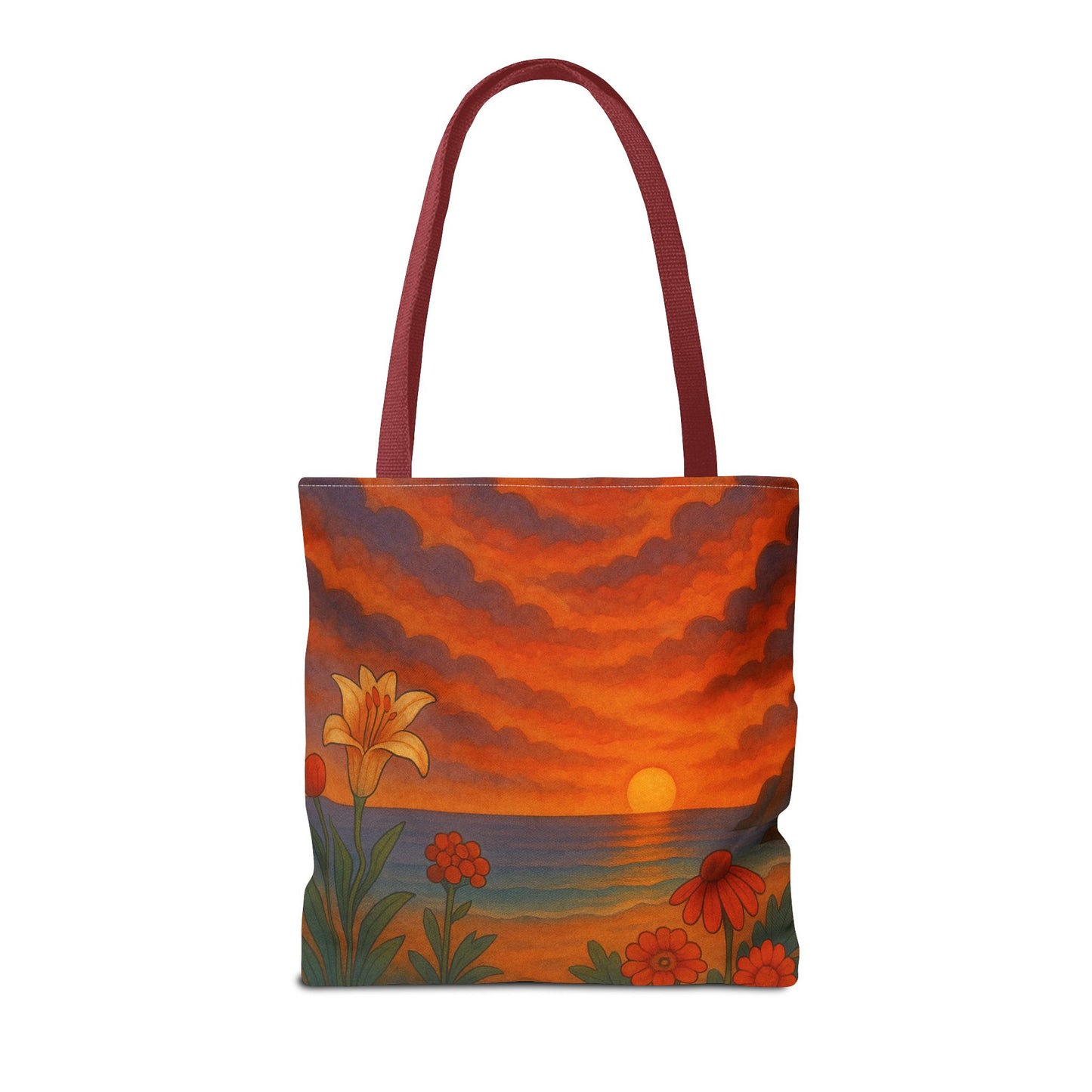 Retro Sunset Tote Bag with Wildflowers – Vibrant Floral Landscape Art, Nature-Inspired Reusable Bag, 70s Style Summer Accessory