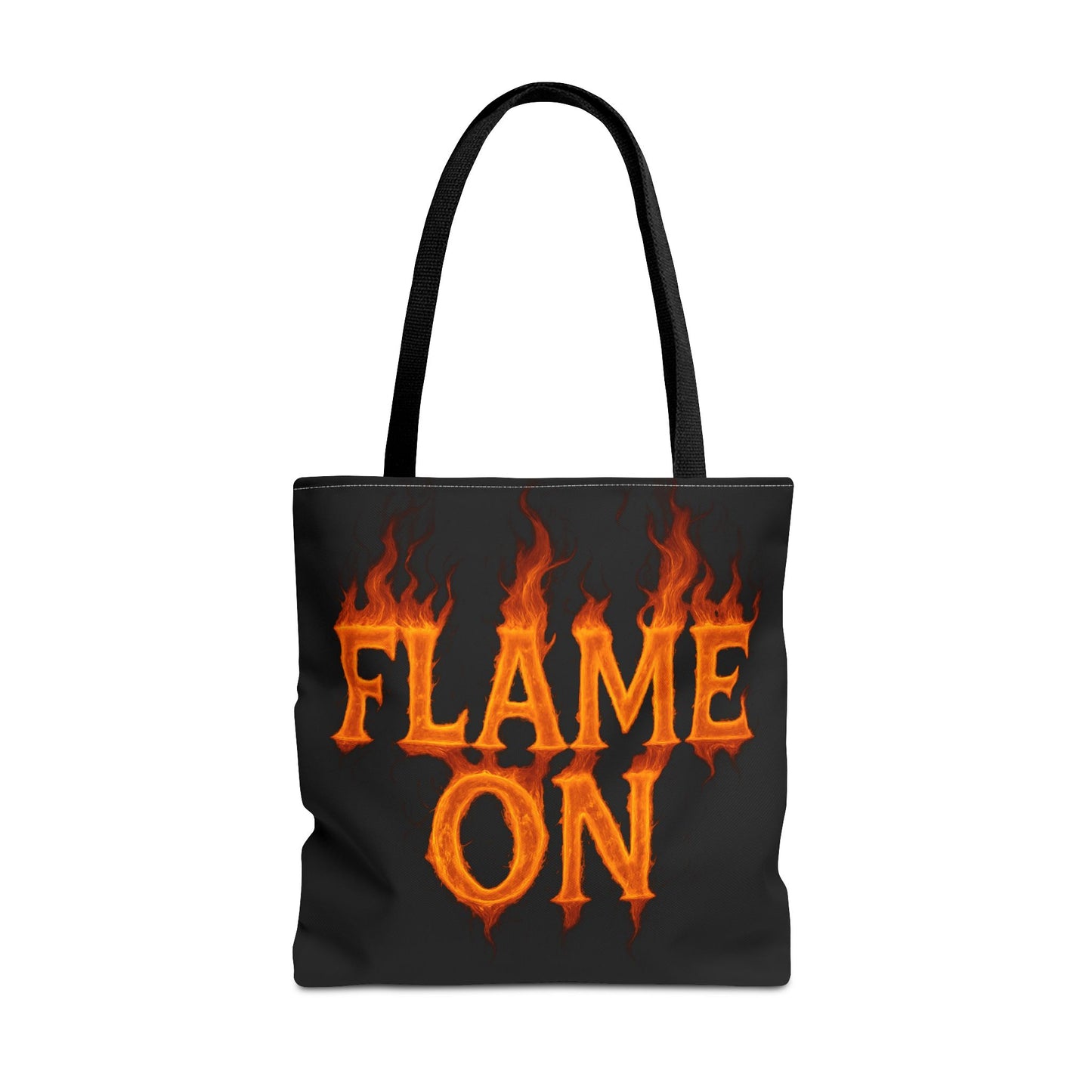 Flame On Tote Bag - Fire Typography Black Bag for Book Lovers, Gym, or Groceries | Bold Comic-Inspired Catchphrase Tote