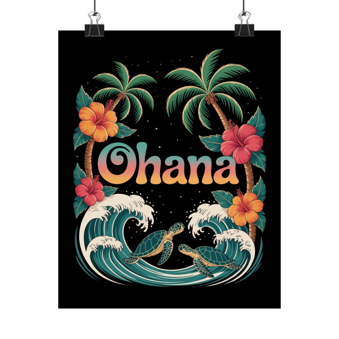 Ohana Hawaiian Wall Art - Tropical Beach Poster with Sea Turtles, Palm Trees & Hibiscus - Island Family Decor for Home or Office