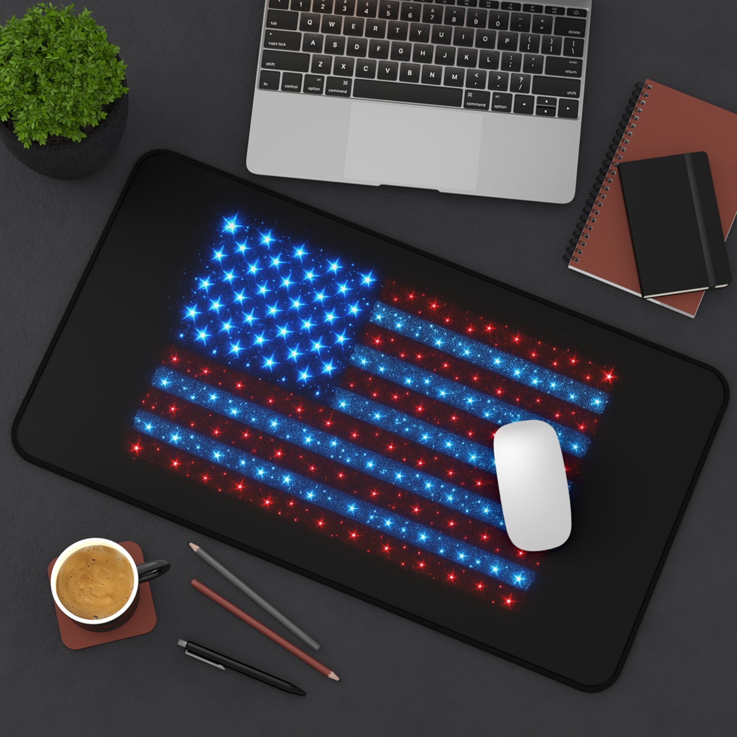 Bioluminescent USA Flag Desk Mat | Neon Patriotic Mouse Pad - XL Desk Mat Aesthetic for Home Office, Veteran and 4th of July Gift