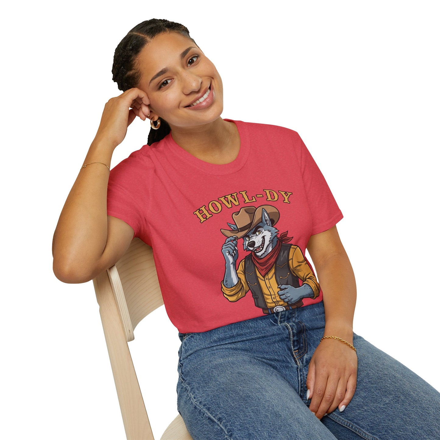 Howl-dy Partner Wolf Cowboy T-Shirt | Western Howling Wolf Graphic Tee, Funny Animal Shirt, Cowboy Gifts, Rustic Country Tee