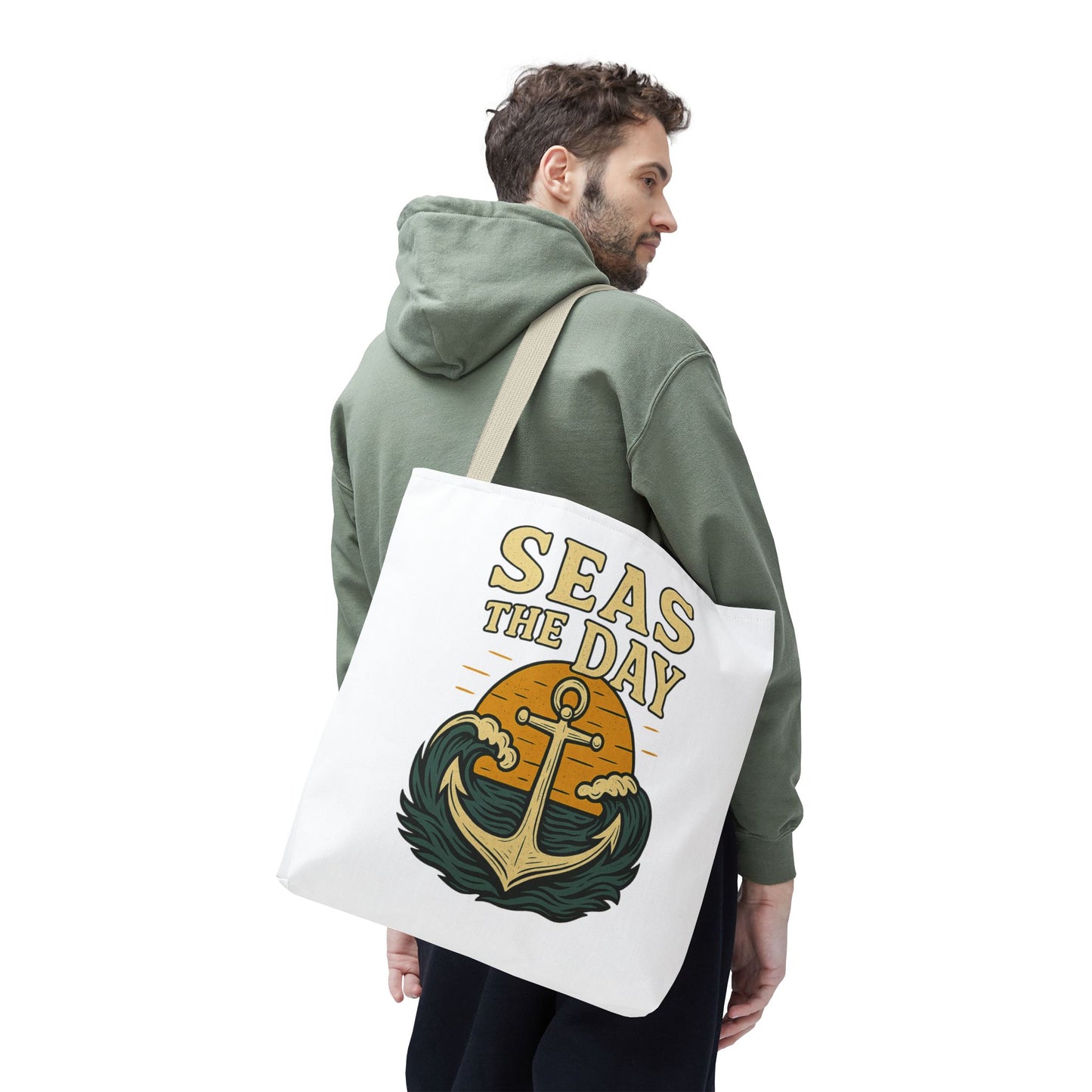 "Seas the Day" Nautical Tote Bag – Funny Beach Quote Canvas Bag with Anchor | Coastal Gift Idea for Summer, Travel, or Daily Use