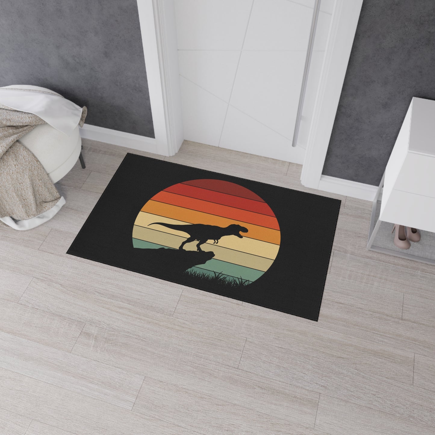Retro T-Rex Sunset Floor Mat | Heavy Duty Playroom Rug - Non-Slip Dinosaur Entrance Mat for Kids Room, Home, Nursery Decor