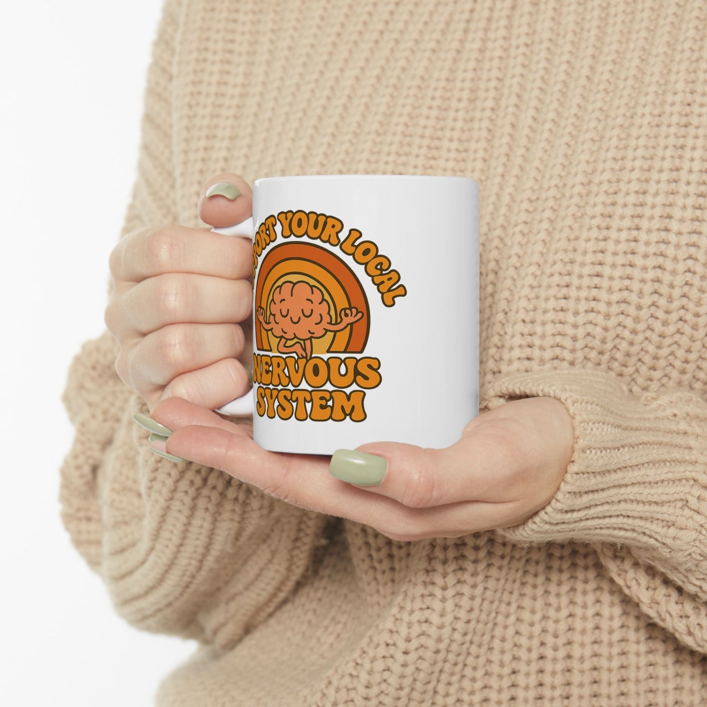 Support Your Local Nervous System Mug | Funny Brain Coffee Cup, Mental Health Gift, Retro Neurodiversity Humor Tea Mug for Self Care