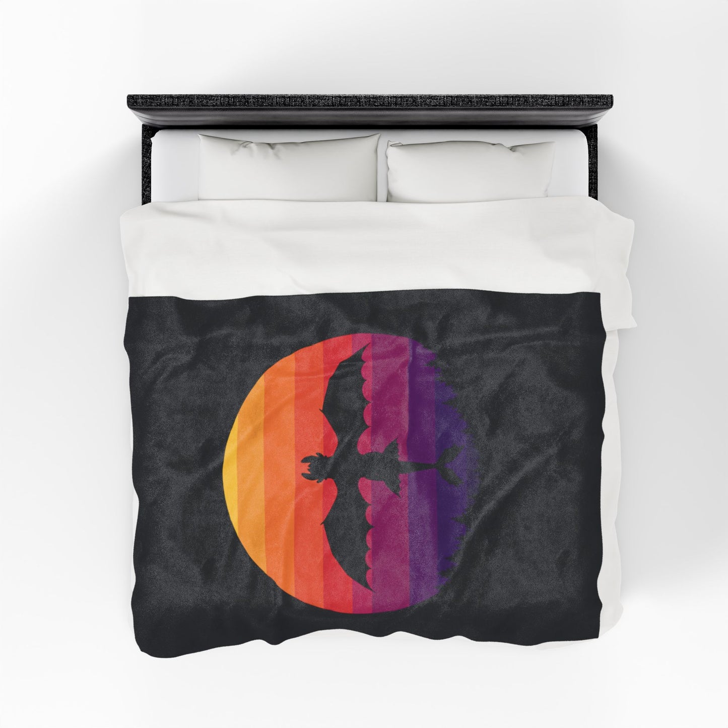 Dragon Sunset Blanket - Retro Dragon Fleece Throw - Fantasy Bedding Gift - Cool Gamer Blanket - Dragon Decor - Cozy Bed Cover for Fans