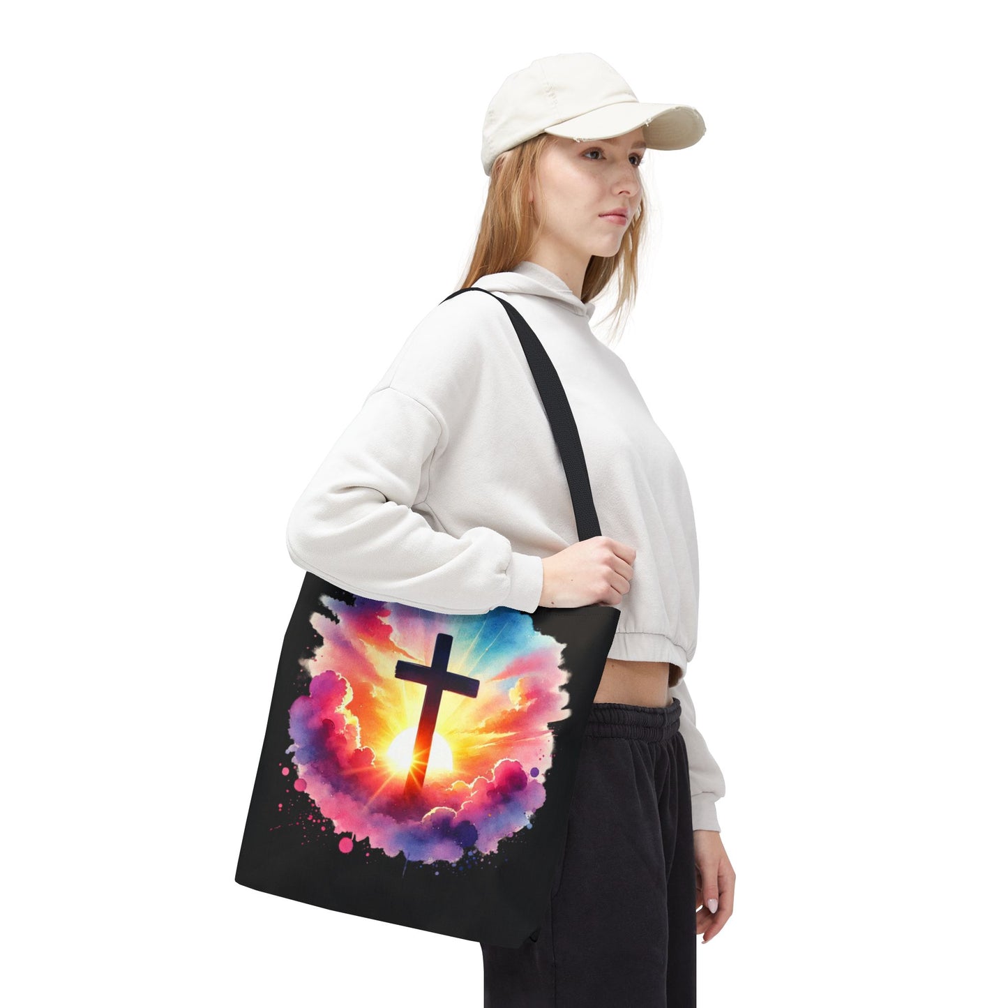 Inspirational Watercolor Sunrise Cross Tote Bag – Faith Art Canvas Tote, Christian Gift, Spiritual Aesthetic, Colorful Bible Verse Tote – Reusable Black Tote