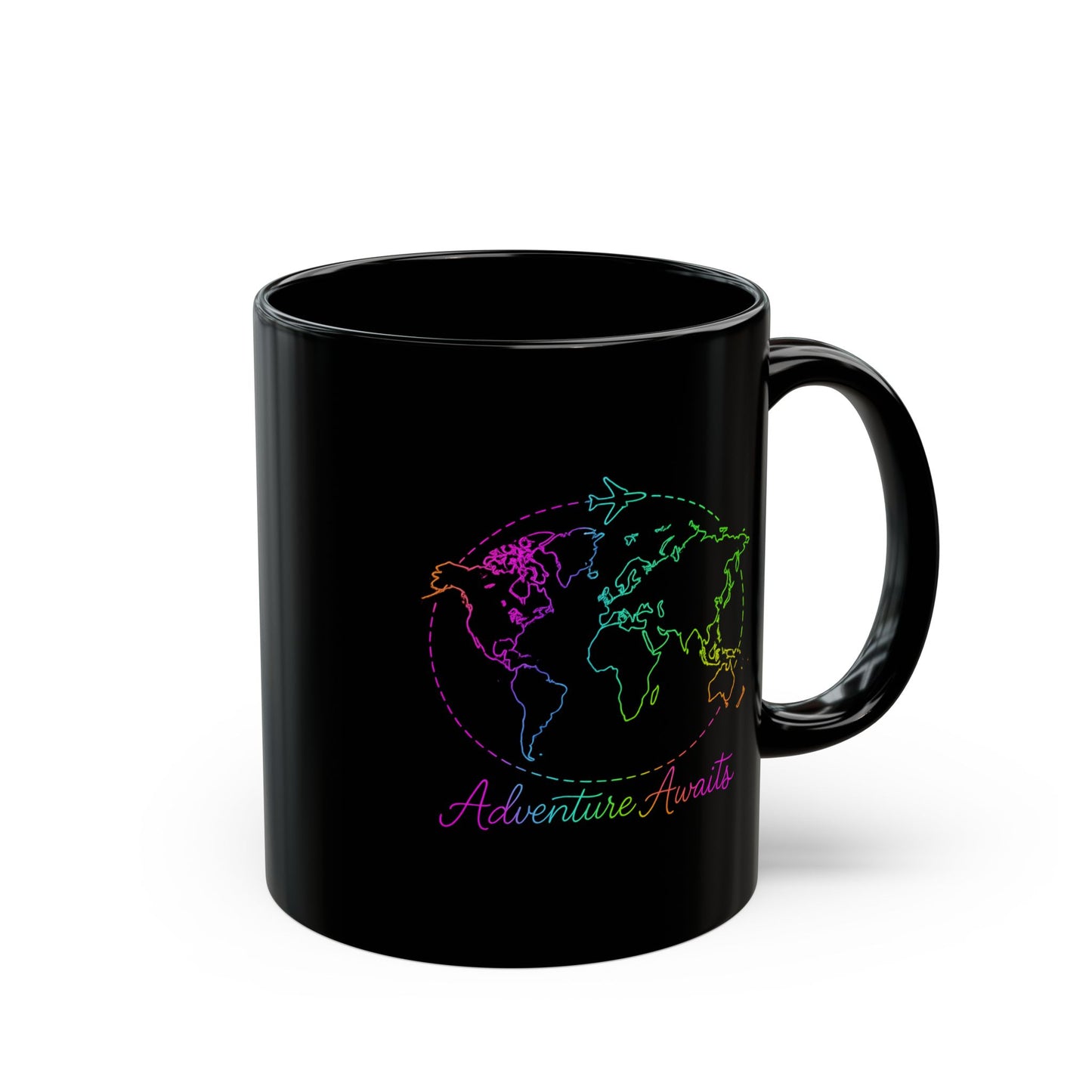 Adventure Awaits Neon Line Mug - Y2K Travel Coffee Cup - Rainbow World Map, Plane Design Ceramic Gift for Wanderlusters