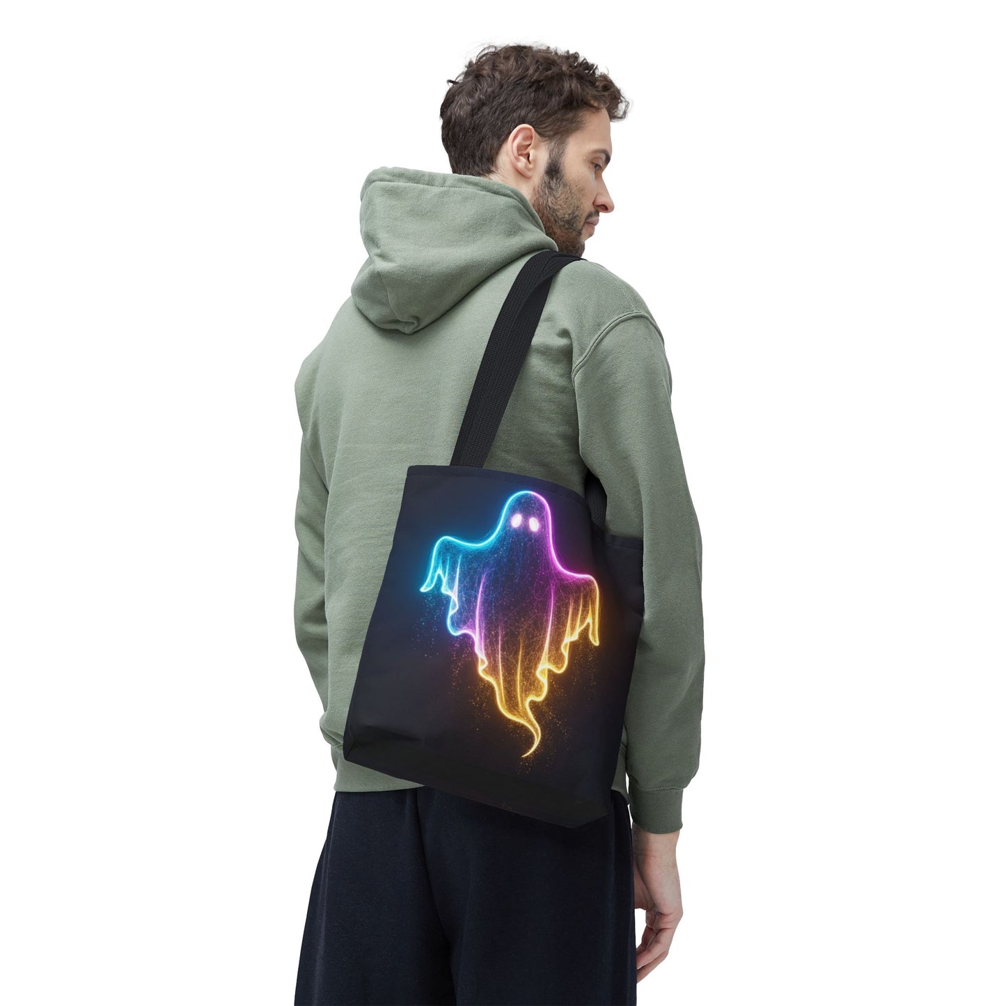 Neon Ghost Tote Bag - Bright Colorful Ghost Print Shoulder Tote, Spooky Cute Reusable Canvas Bag, Halloween Aesthetic Everyday Carry