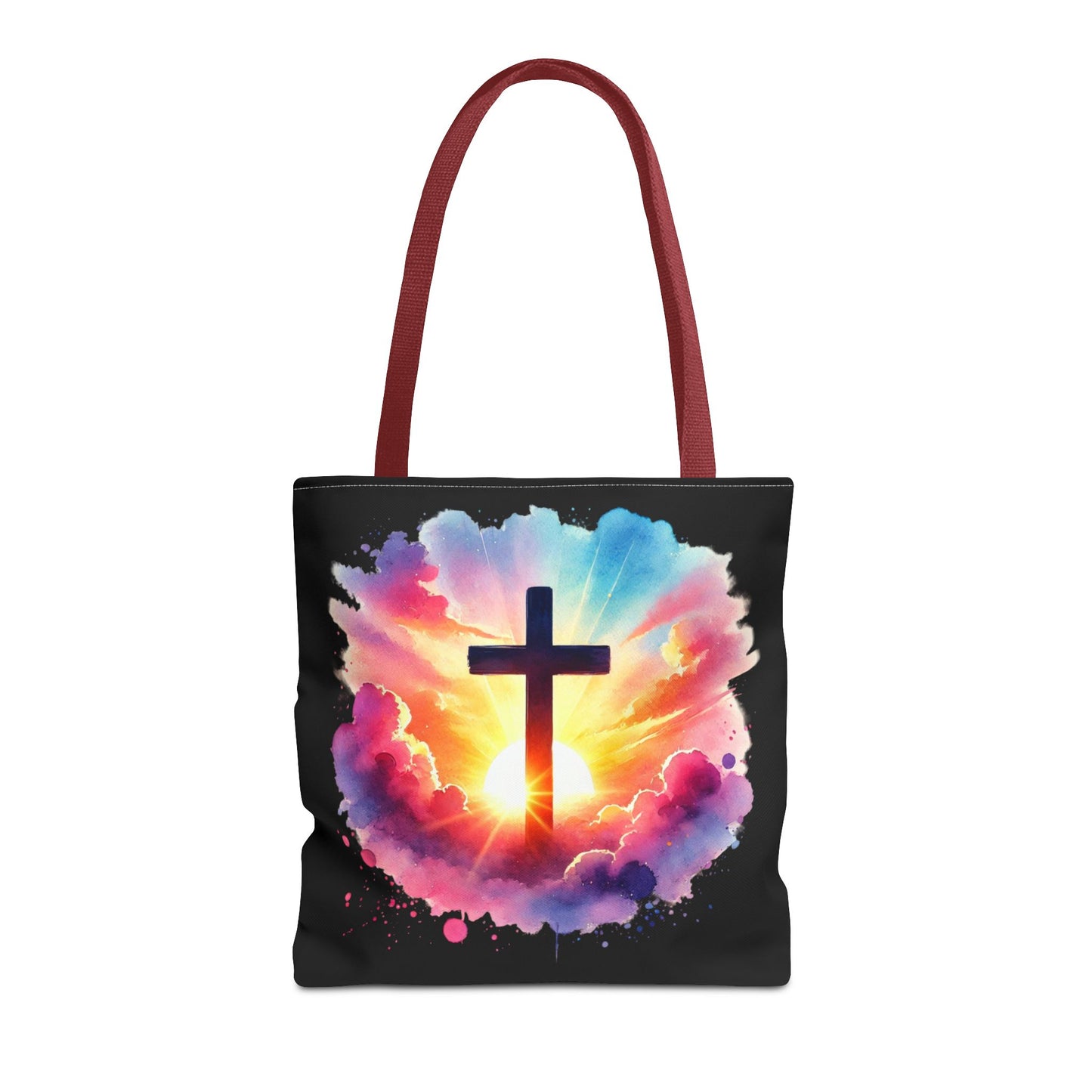 Inspirational Watercolor Sunrise Cross Tote Bag – Faith Art Canvas Tote, Christian Gift, Spiritual Aesthetic, Colorful Bible Verse Tote – Reusable Black Tote