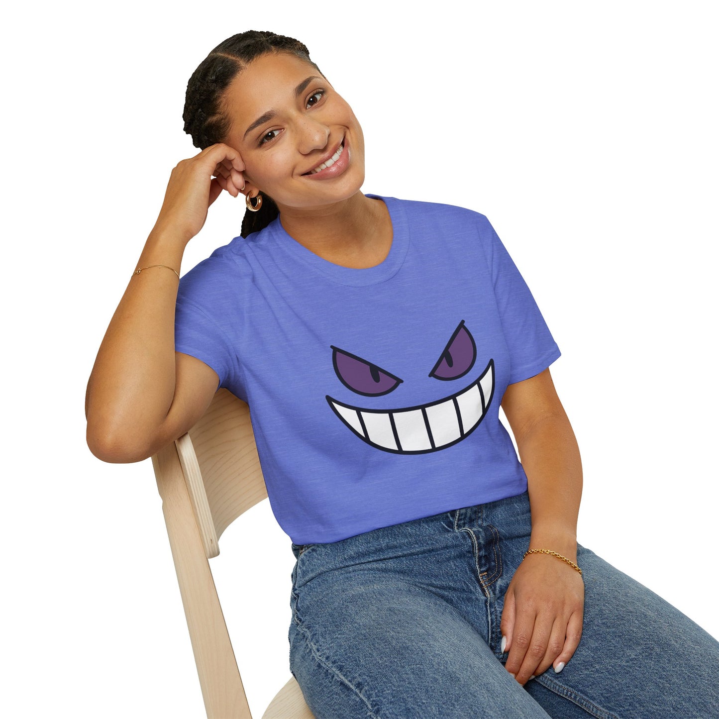 Mischievous Shadow Face Tee - Purple Eyes and Big Grin Graphic Shirt | Spooky Cute Gift, Retro Gaming Vibe, Funny Halloween Unisex Top