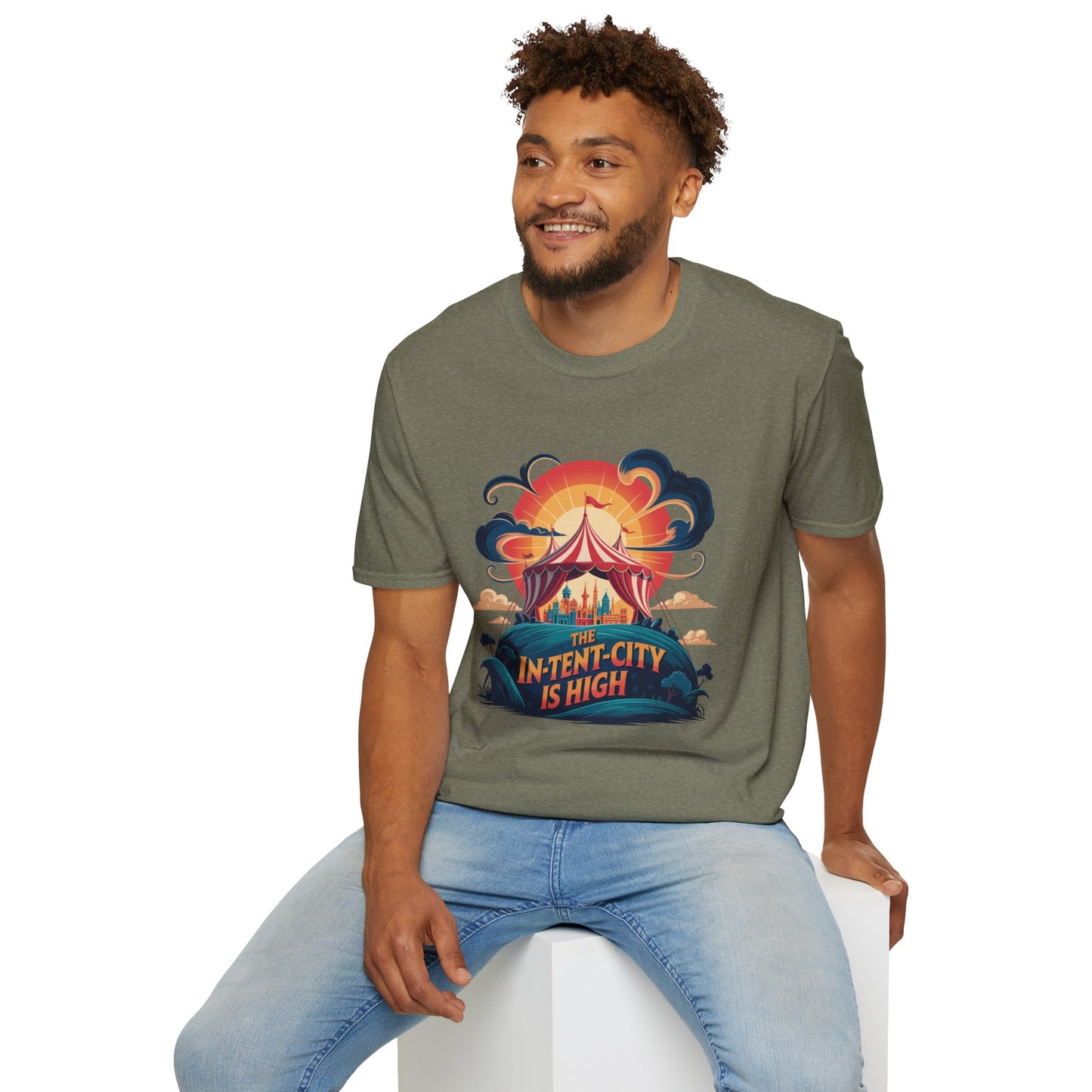 In-Tent-City Is High Retro Camp T-Shirt | Vintage Circus Tent + Cityscape Graphic | Funny Outdoors Urban Adventure Tee | Unisex Camper Shirt