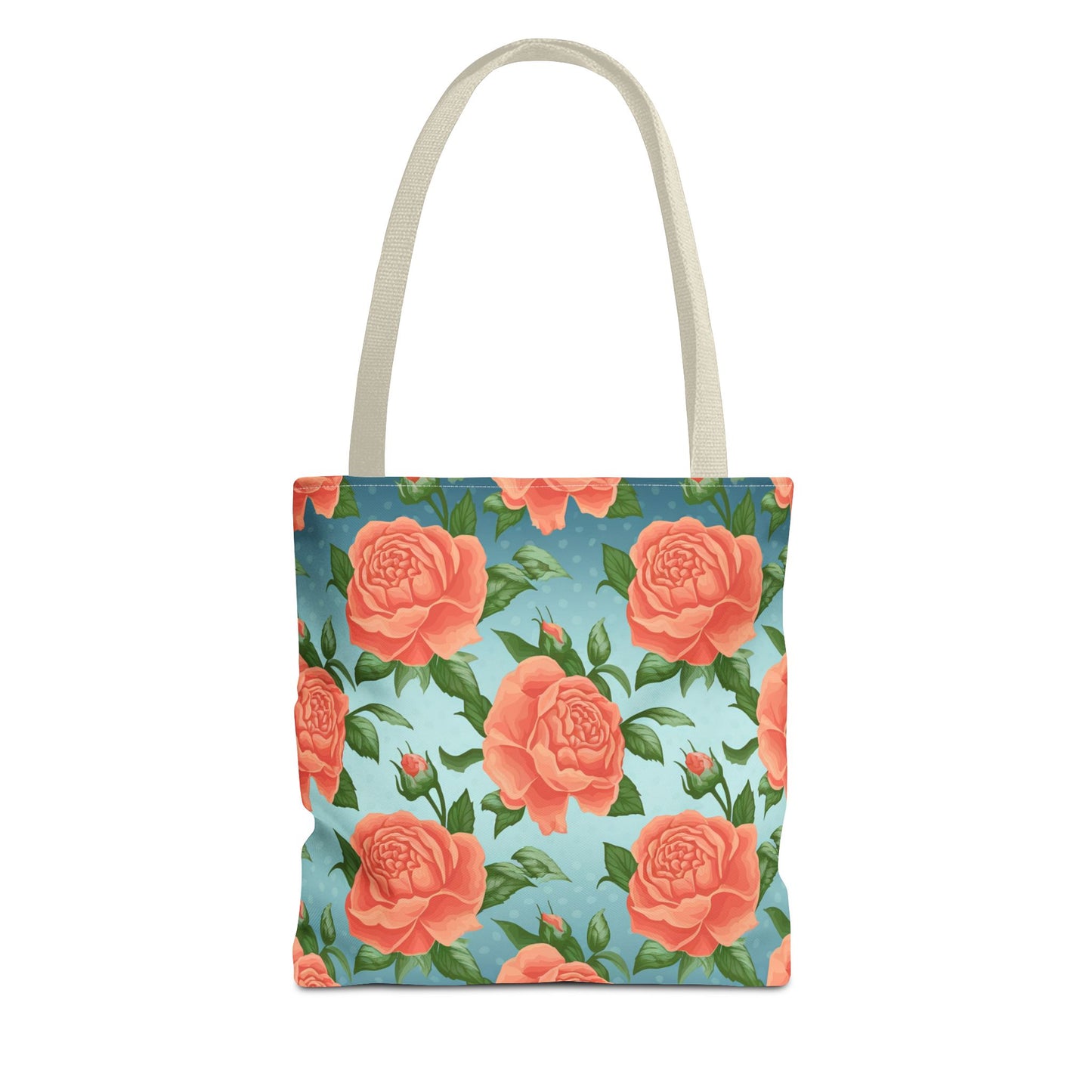 Vintage Floral Tote Bag – Coral Rose Pattern on Blue Background – Aesthetic Everyday Carry Bag – Reusable Fabric Market Tote Gift