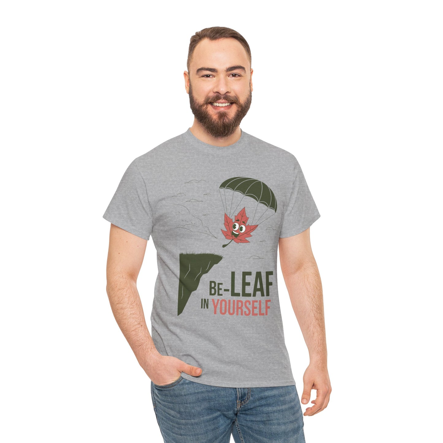 Be-Leaf In Yourself Maple Leaf Parachute T-Shirt | Funny Motivational Nature Graphic Tee | Self-Love Fall Autumn Shirt | Outdoorsy Gift