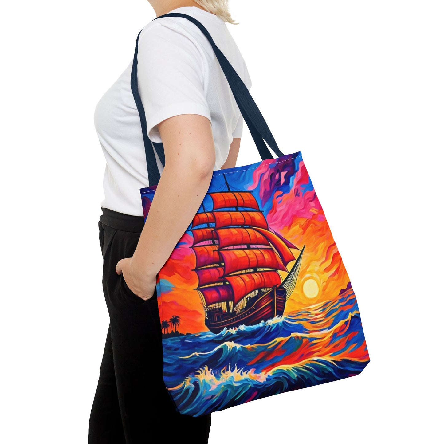 Crimson Voyage Tote Bag, Red Sailboat At Sunset Artistic Ocean Design, Nautical Reusable Tote For Beach, Travel, And Everyday Use