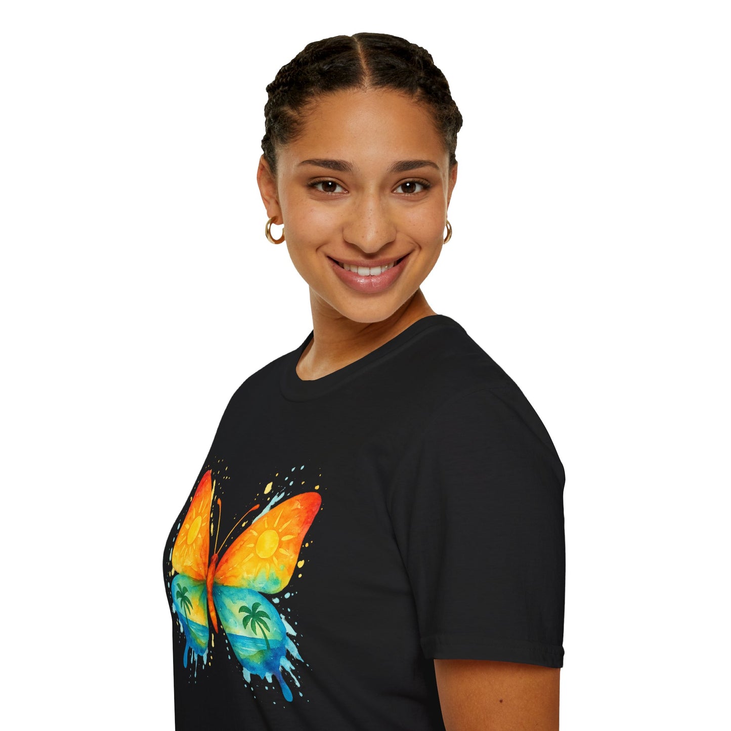 Butterfly Sunset Beach Tee - Ocean & Palm Watercolor Butterfly T-Shirt, Coastal Boho Graphic, Nature Lover Gift, Unisex Casual Tee