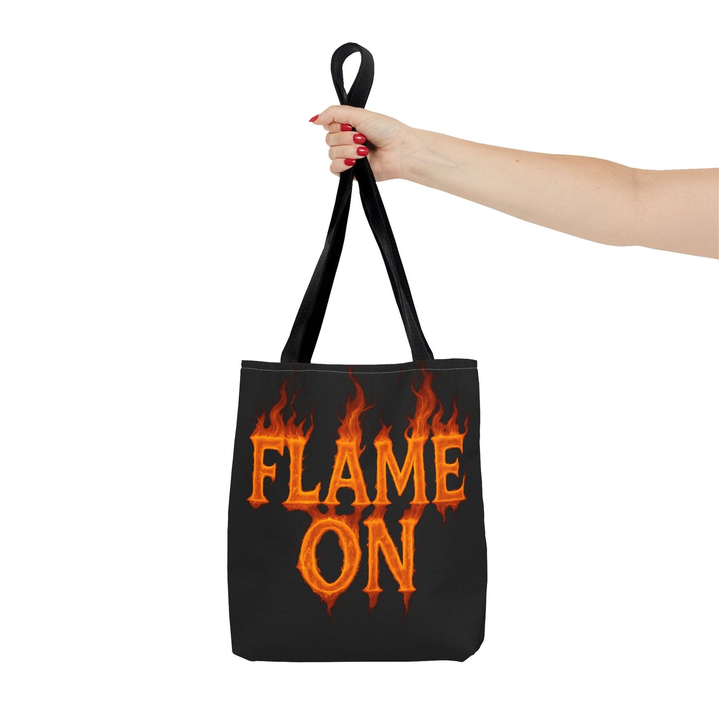 Flame On Tote Bag - Fire Typography Black Bag for Book Lovers, Gym, or Groceries | Bold Comic-Inspired Catchphrase Tote